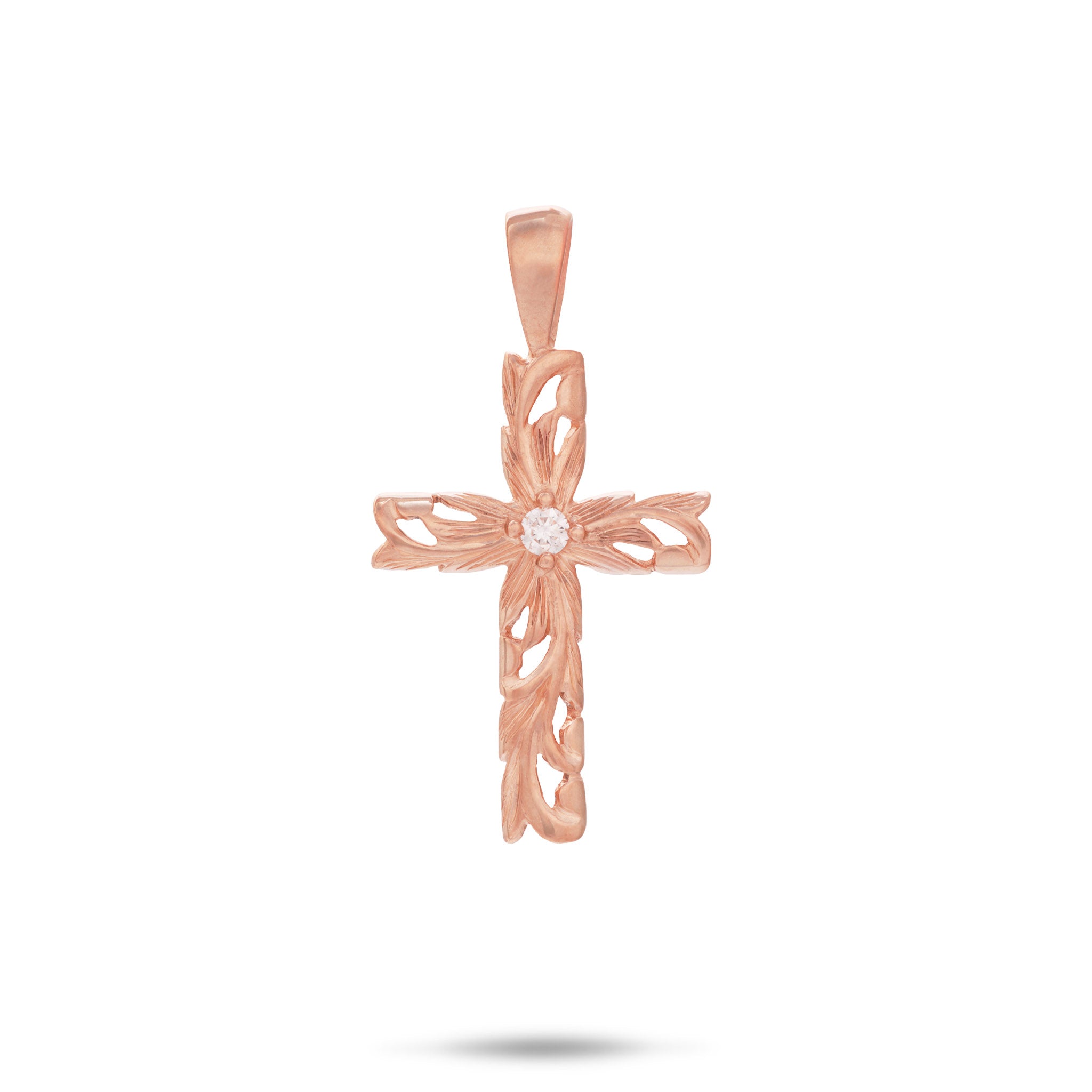 Hawaiian Heirloom Old English Scroll Cross Pendant in Rose Gold with Diamond - 23mm