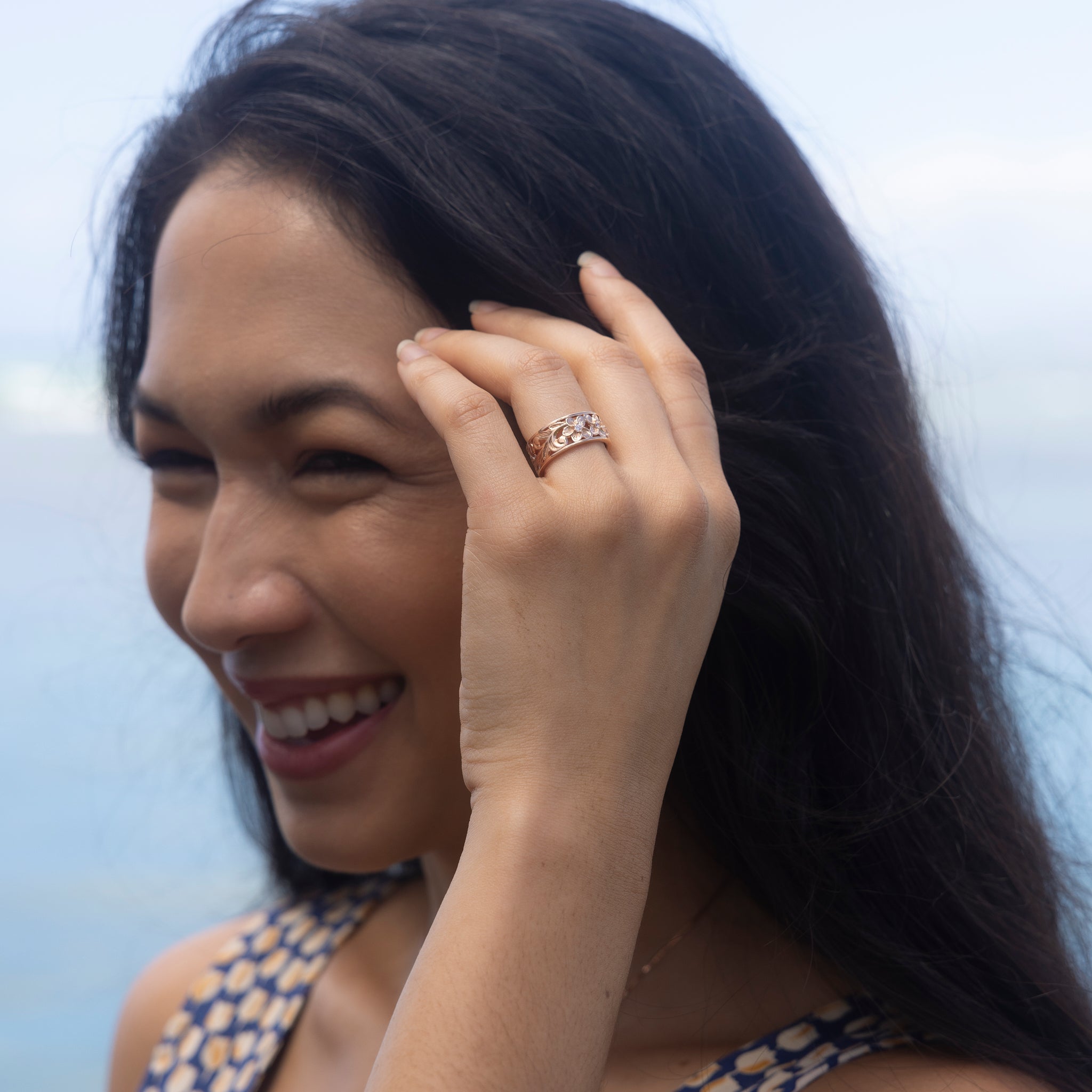 Hawaiian Heirloom Plumeria Ring in Rose Gold with Diamonds - 8mm