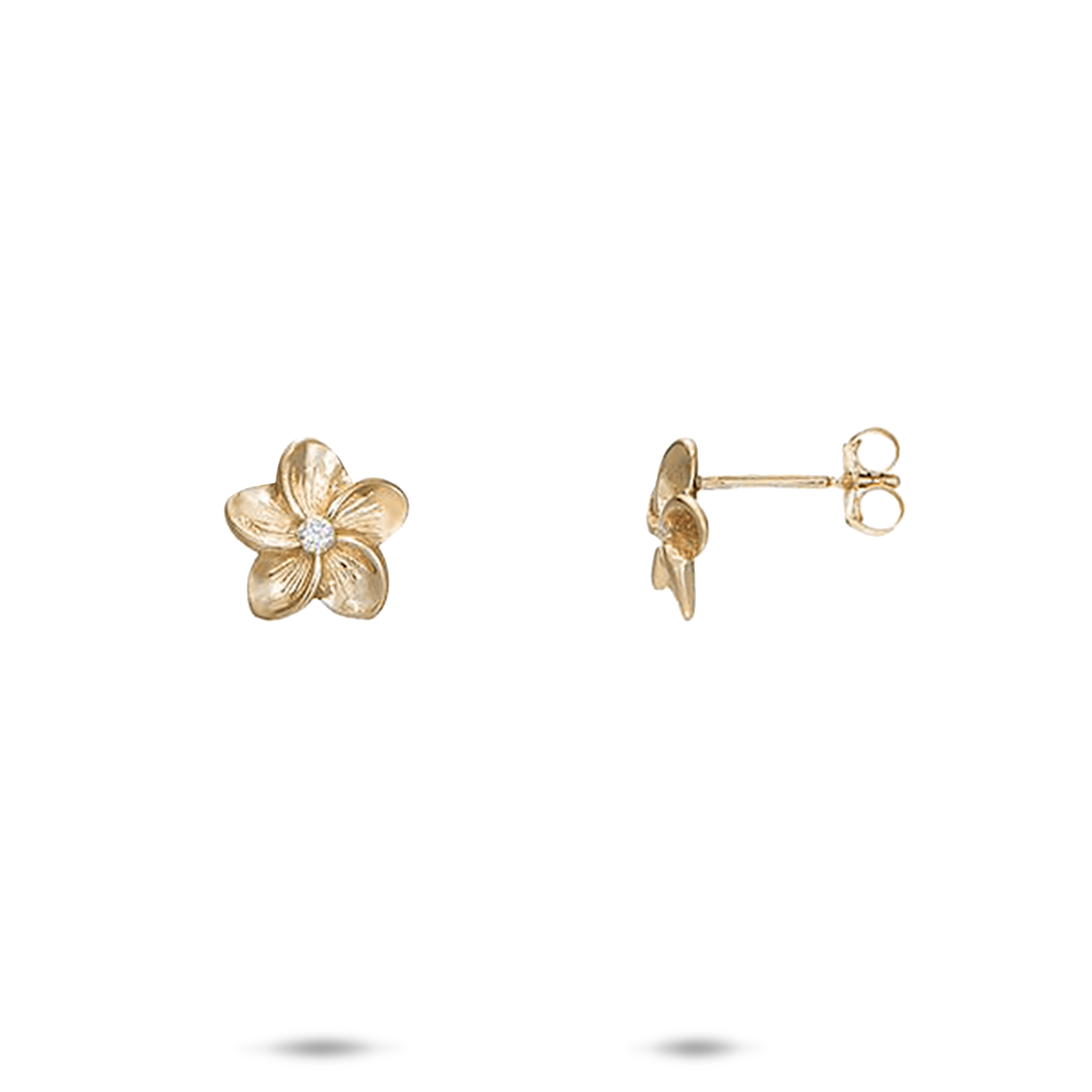 Hawaiian Heirloom Plumeria Earrings in Gold with Diamonds - 9mm