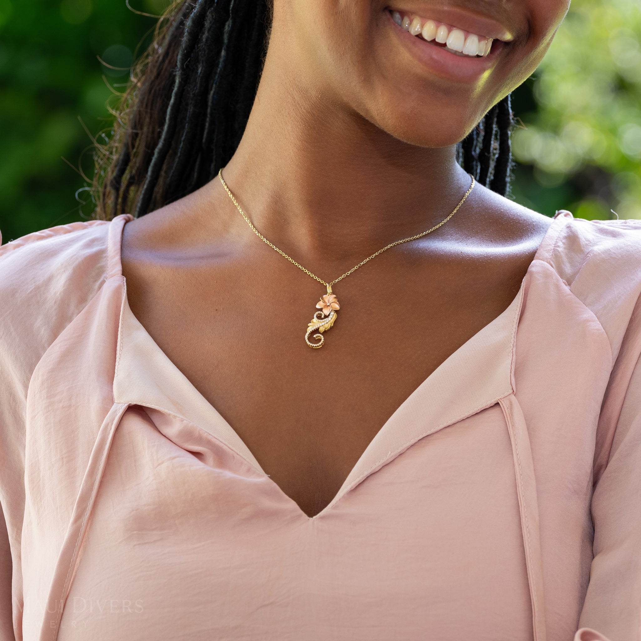 Hawaiian Heirloom Plumeria Pendant in Two Tone Gold with Diamonds - 30mm