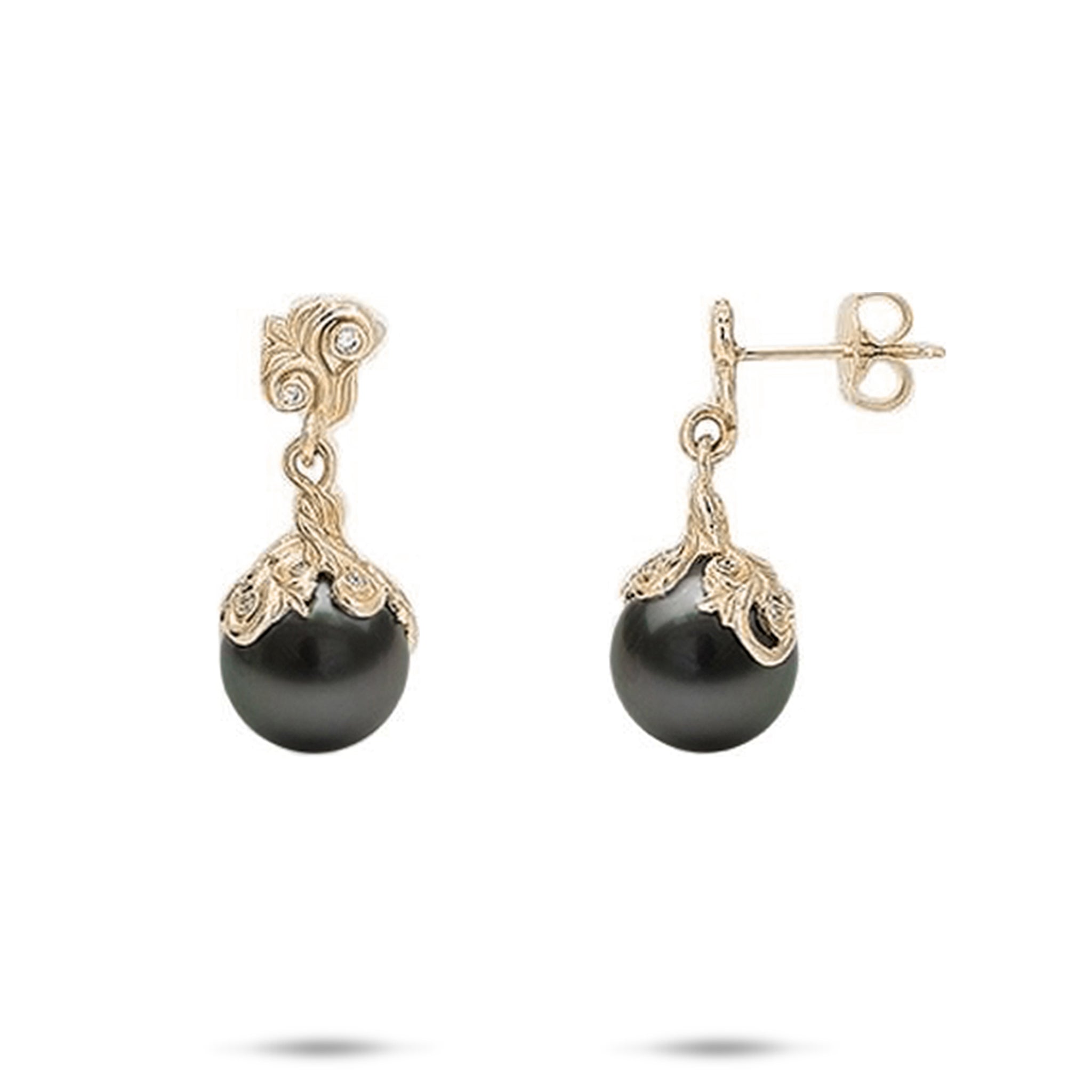 Living Heirloom Tahitian Black Pearl Earrings in Gold with Diamonds - 9-10mm