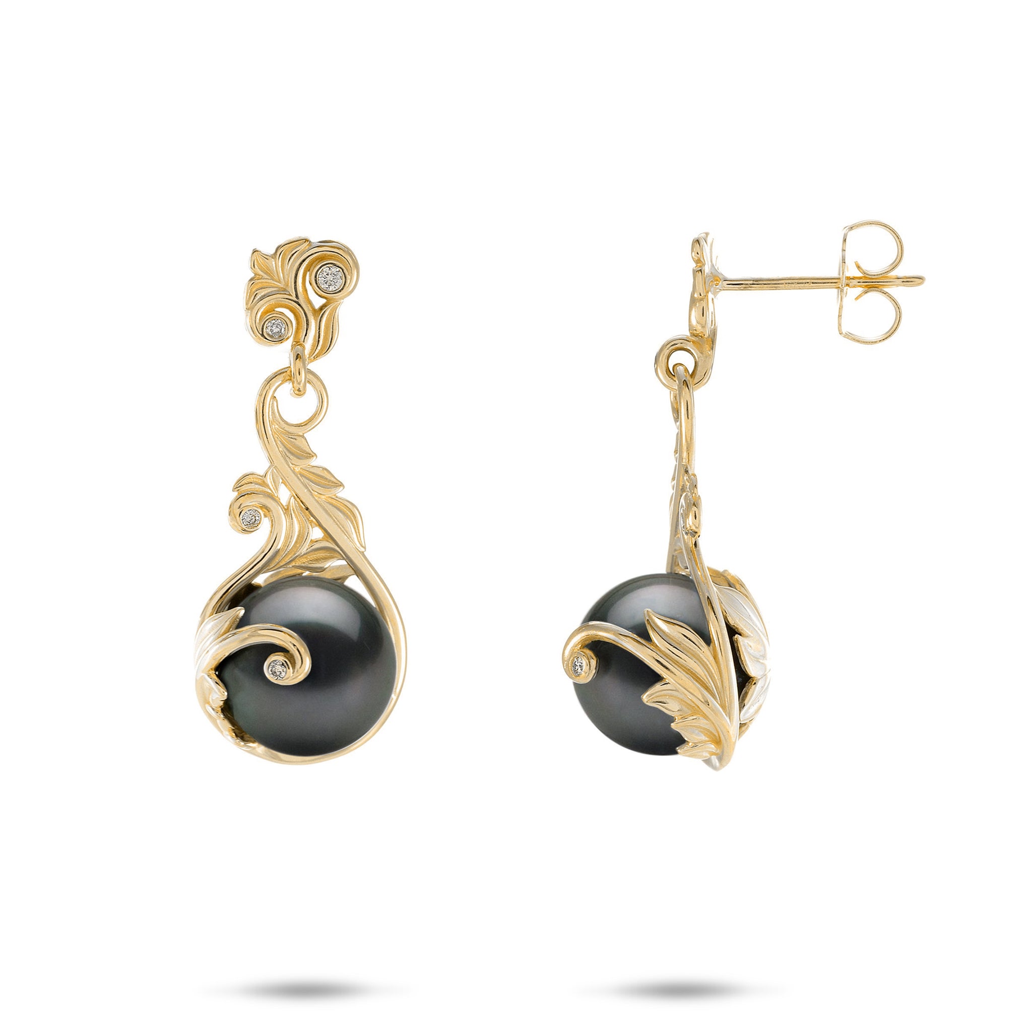 Living Heirloom Tahitian Black Pearl Earrings in Gold with Diamonds - 9-10mm