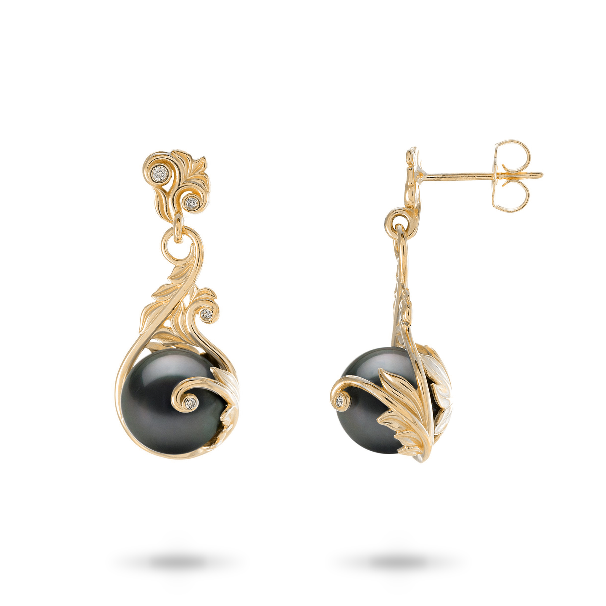 Living Heirloom Tahitian Black Pearl Earrings in Gold with Diamonds - 9-10mm