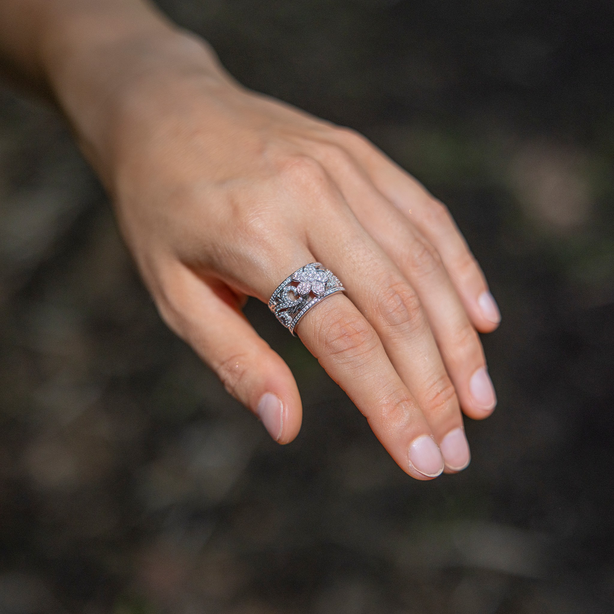 Hawaiian Heirloom Plumeria Engagement Ring in White Gold with Diamonds - 12mm