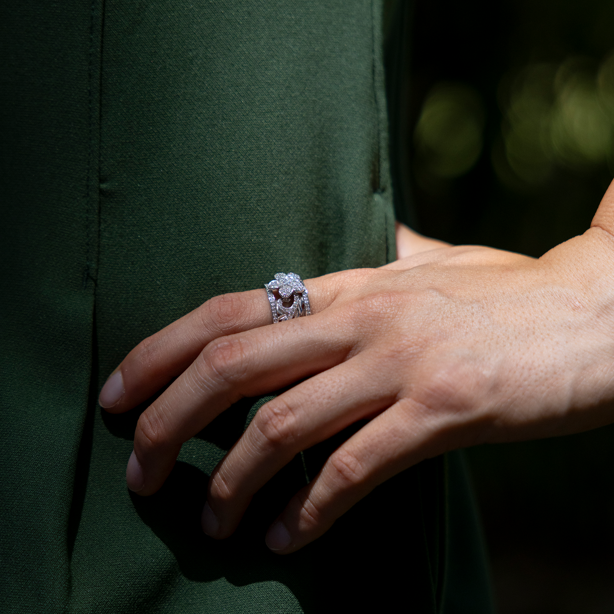 Hawaiian Heirloom Plumeria Engagement Ring in White Gold with Diamonds - 12mm