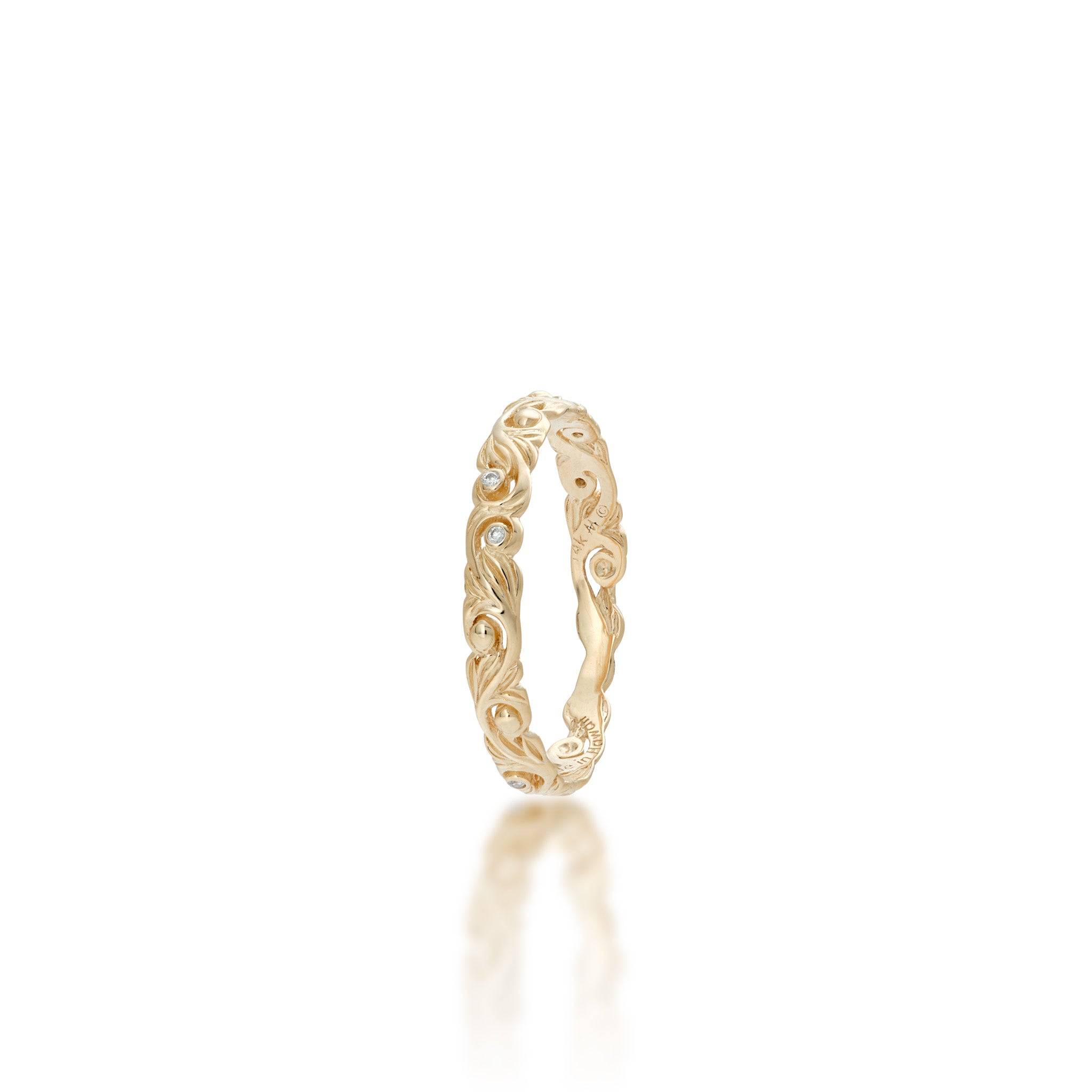 Angle view of the 3mm Living Heirloom Ring in Gold with Diamonds on a white background