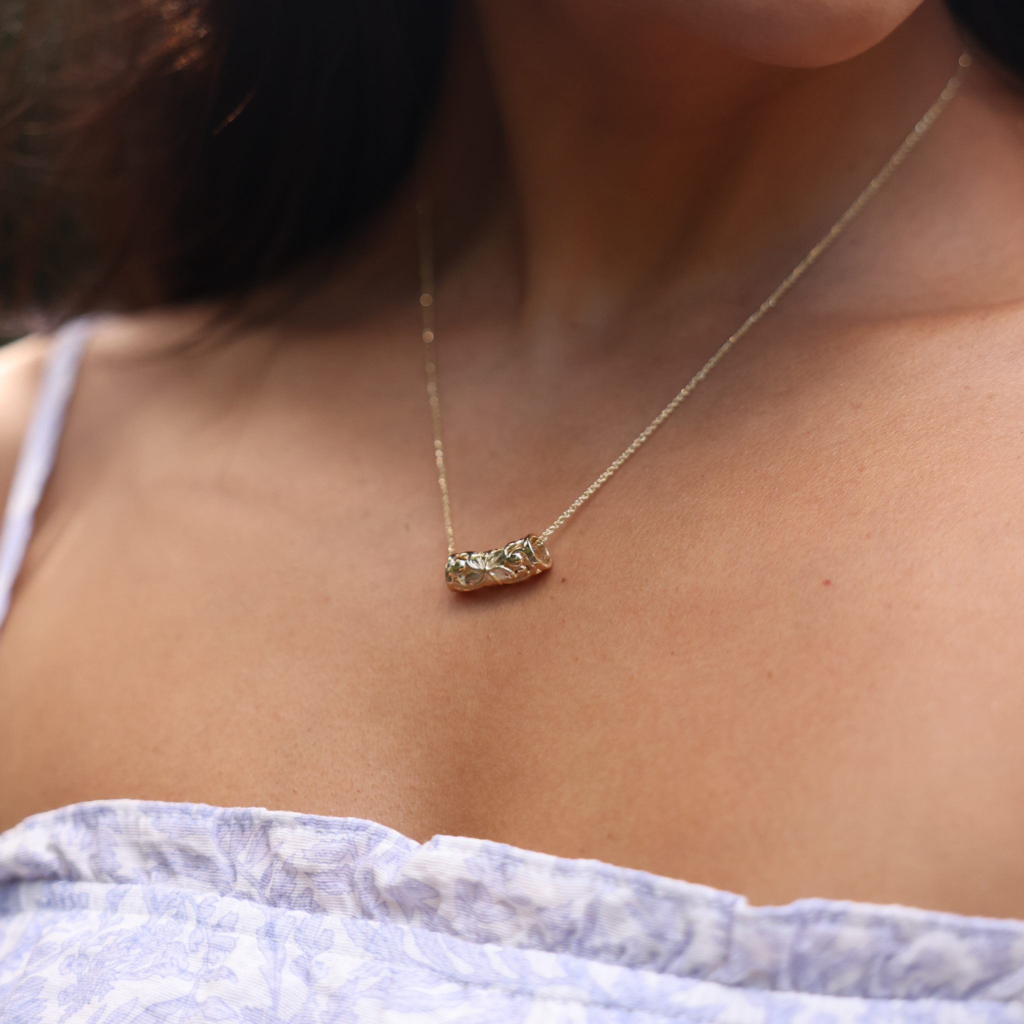 Hawaiian Heirloom Plumeria Scroll Barrel Pendant in Gold