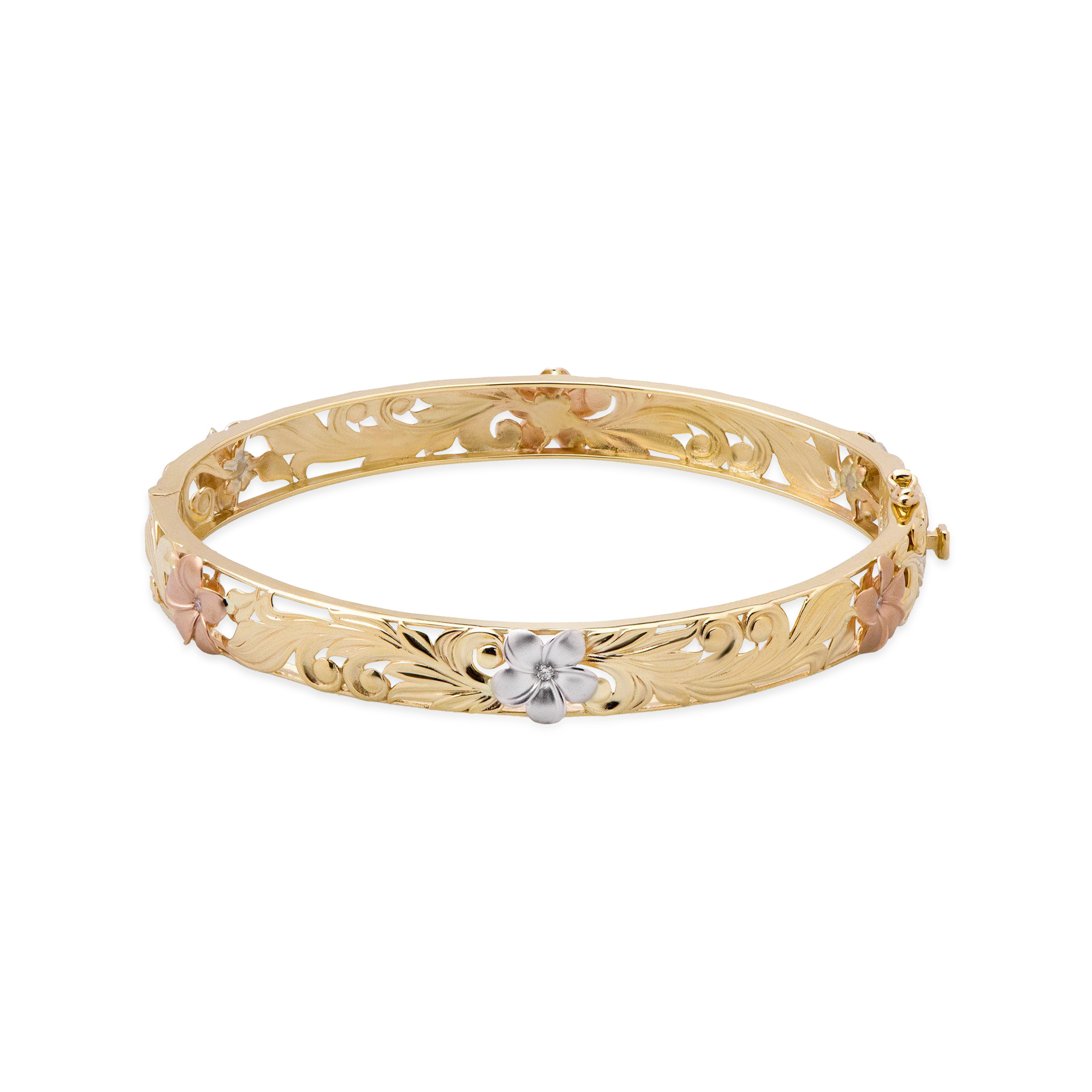 Hawaiian Heirloom Plumeria Hinge Bracelet in Tri Color Gold with Diamonds- 8mm