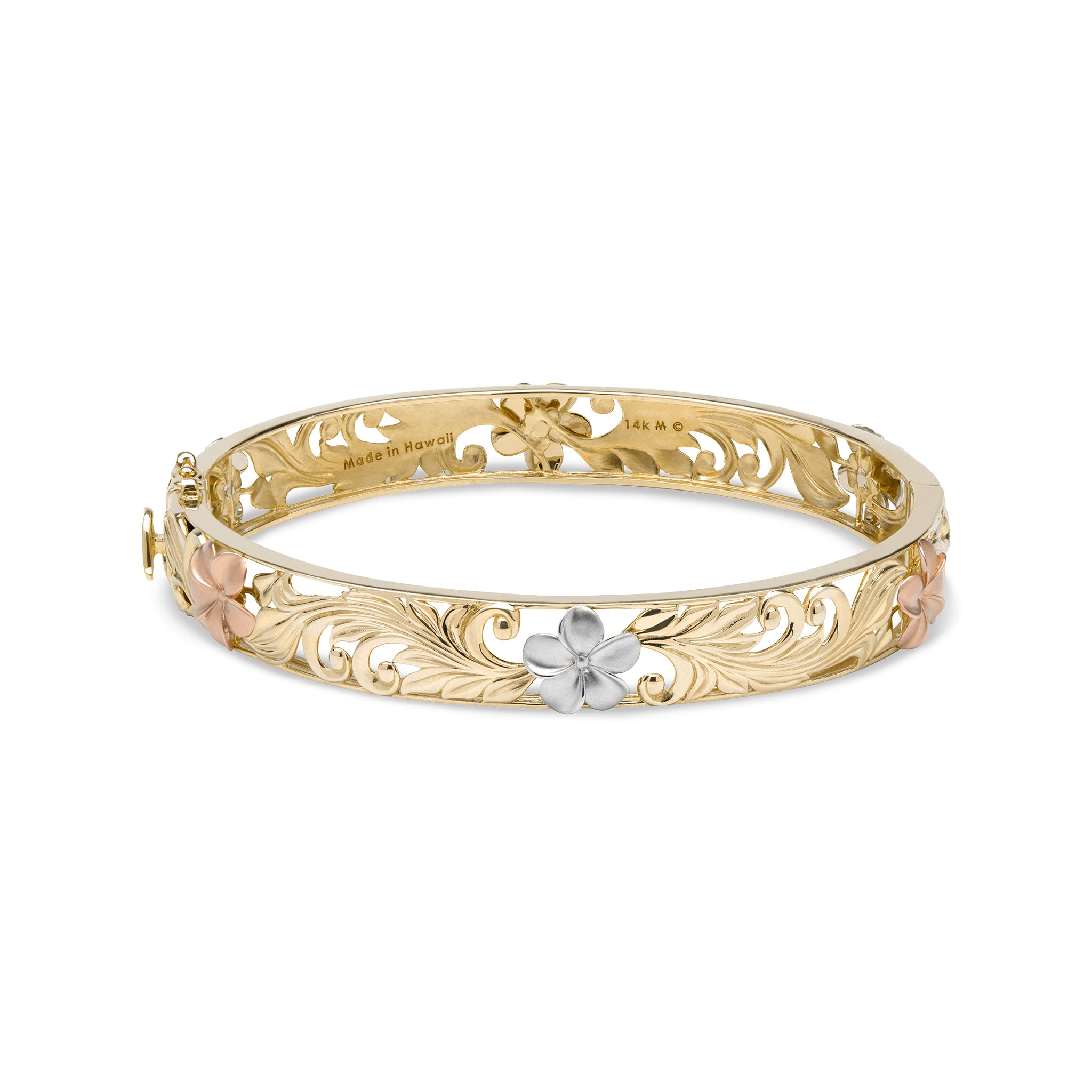 Hawaiian Heirloom Plumeria Hinge Bracelet in Tri Color Gold - 10mm
