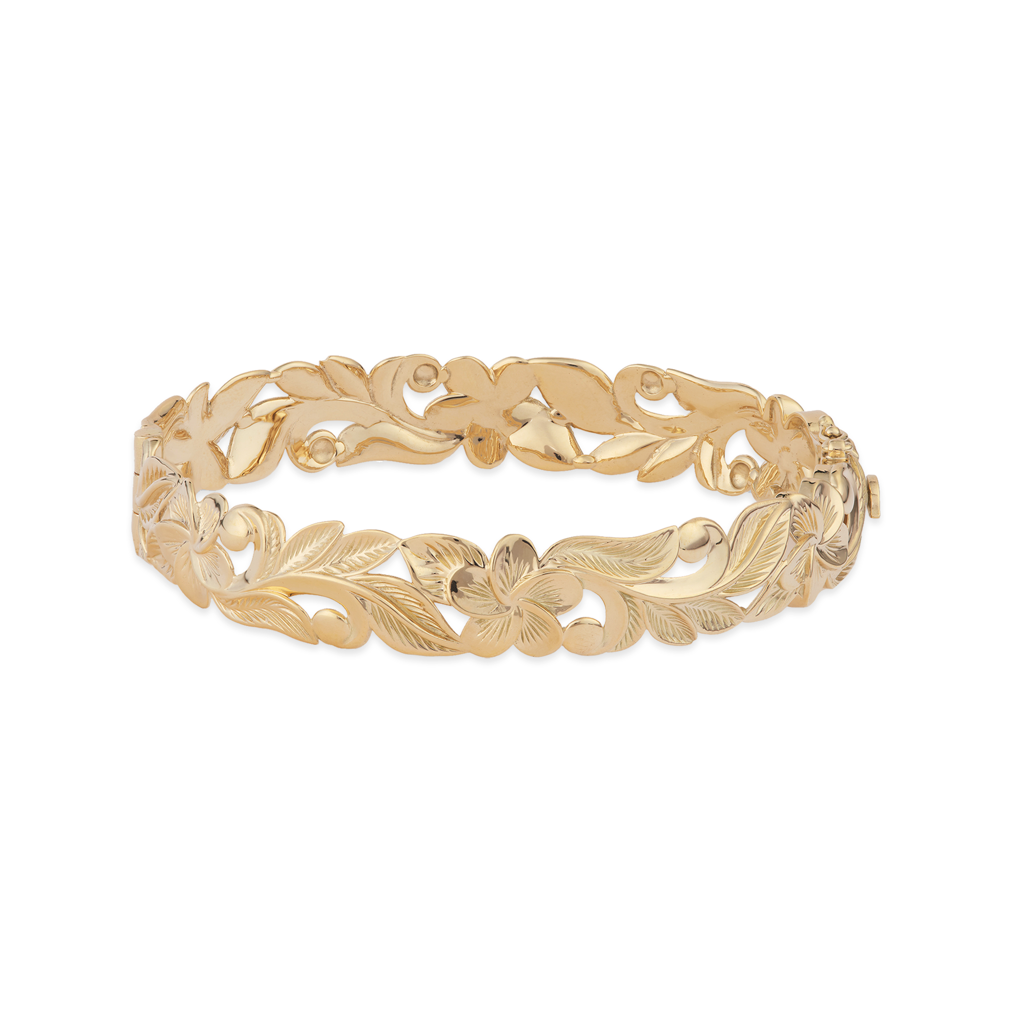 Hawaiian Heirloom Plumeria Hinge Bracelet in Gold - 12mm