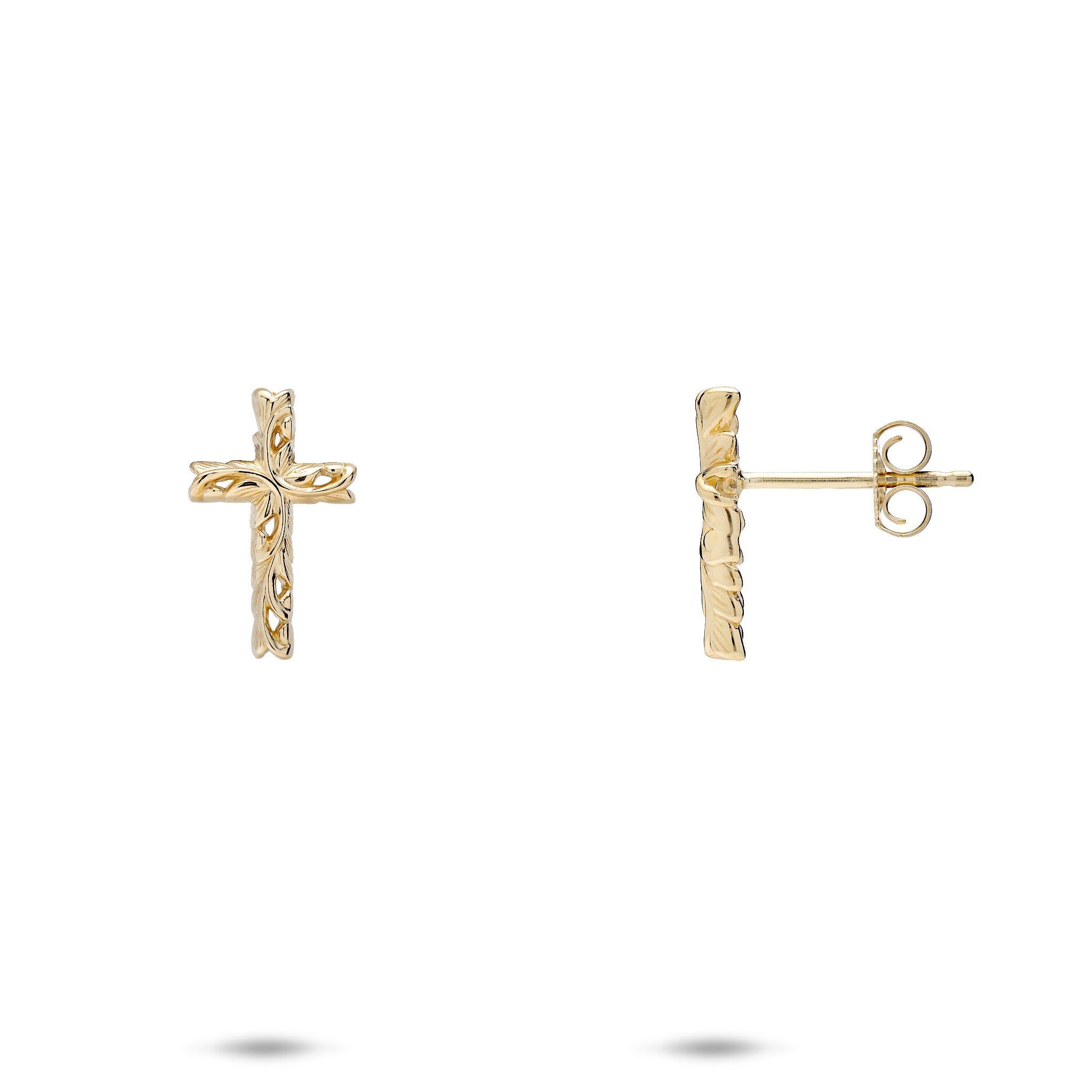 A Pair of 14k Yellow Gold 13mm Hawaiian Heirloom Cross Stud Earrings with fern and maile leaf scrollwork, shown with a front angle and side angle with a butterfly post backing, against on a white background. 