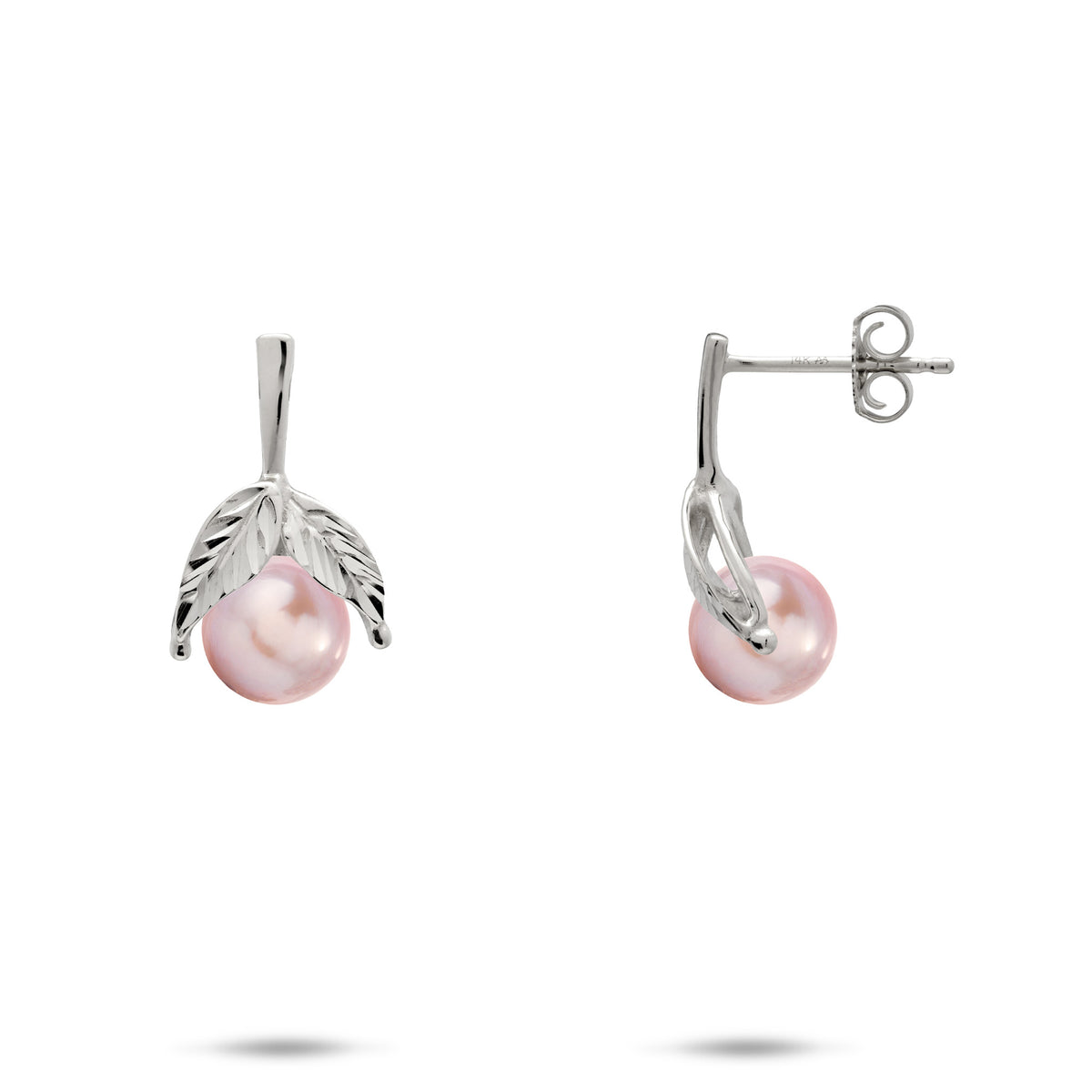 A pair of 14k white gold diamond-cut maile leaf stud earrings with a lavender freshwater pearl, shown with a front and side view on a white background
