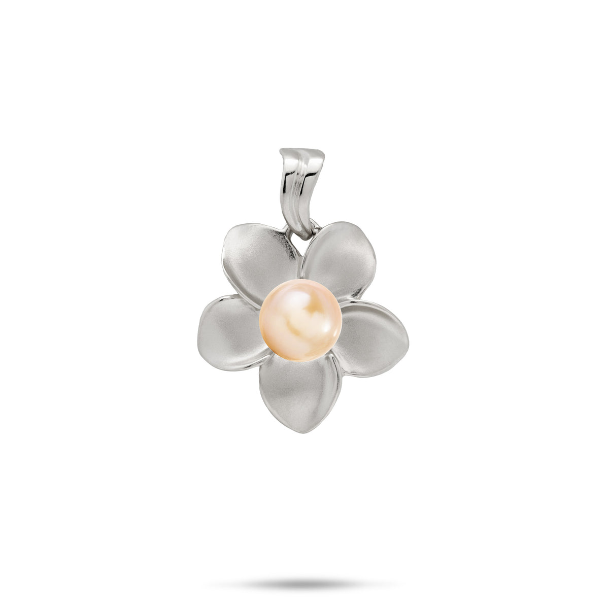 An 18mm 14k white gold plumeria flower pendant with a peach freshwater pearl at the center and a high-polish wavy bail, shown on a white background