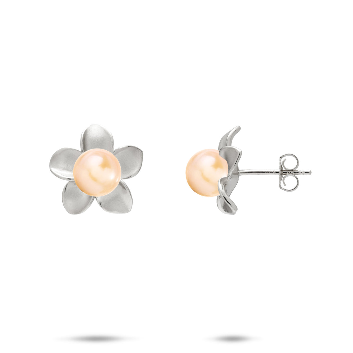 A pair of 14k white gold plumeria flower stud earrings with peach freshwater pearls, shown with a front and side profile view on a white background