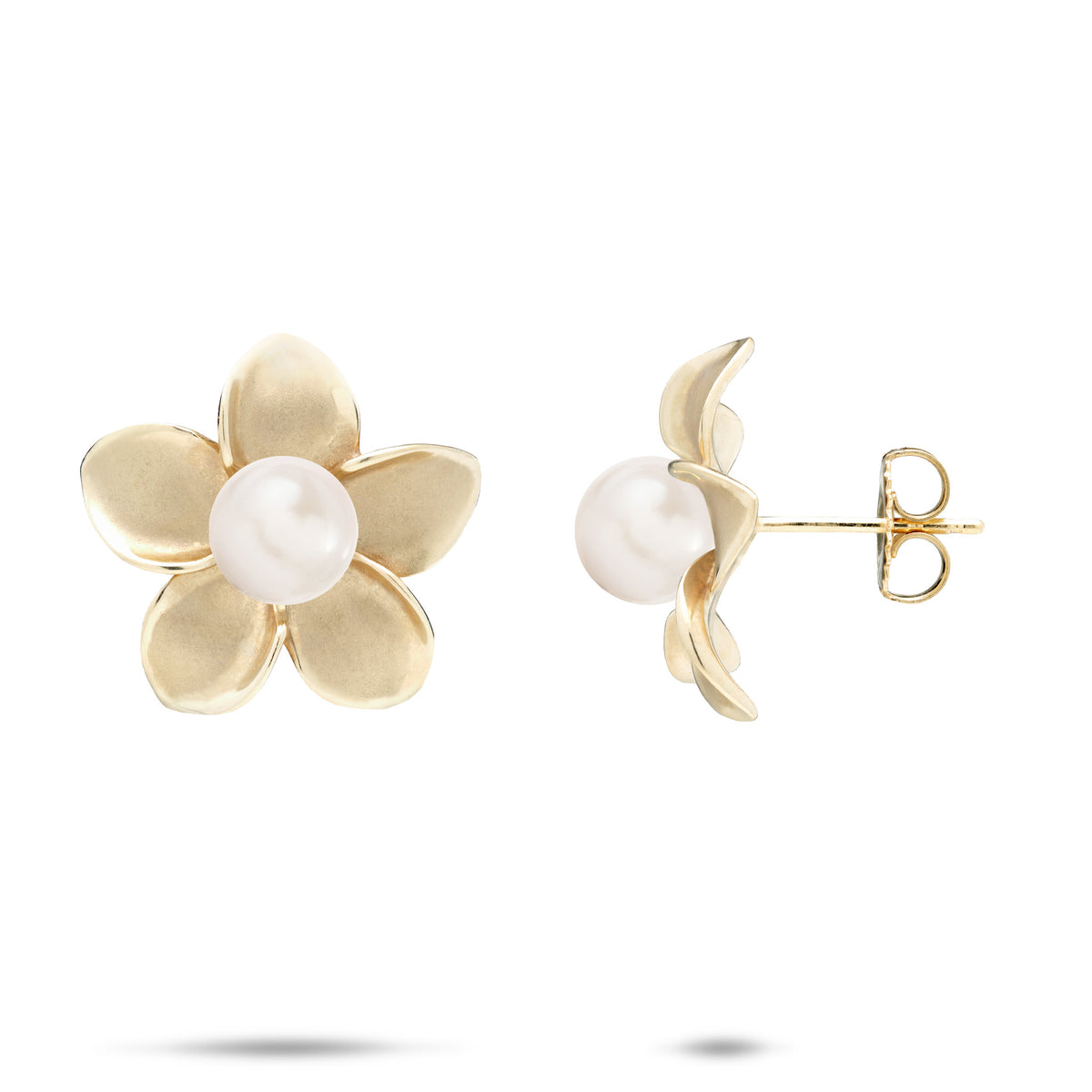 A pair of 18mm 14k yellow gold plumeria flower earrings with a white freshwater pearl at the center, shown with a front and side view against a white background