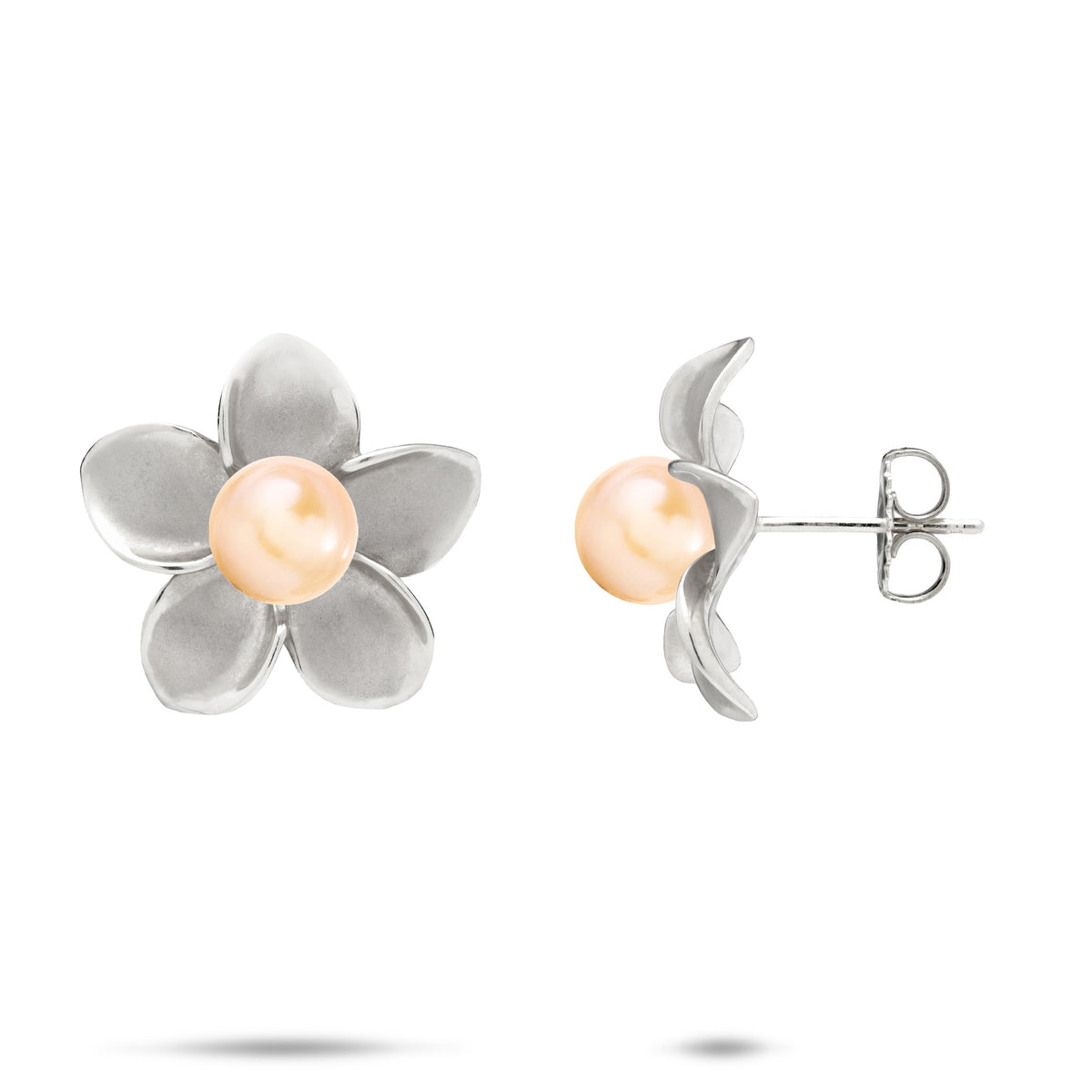 A pair of 18mm 14k white gold plumeria flower stud earrings with peach freshwater pearls, showcasing the front and side view on a white background