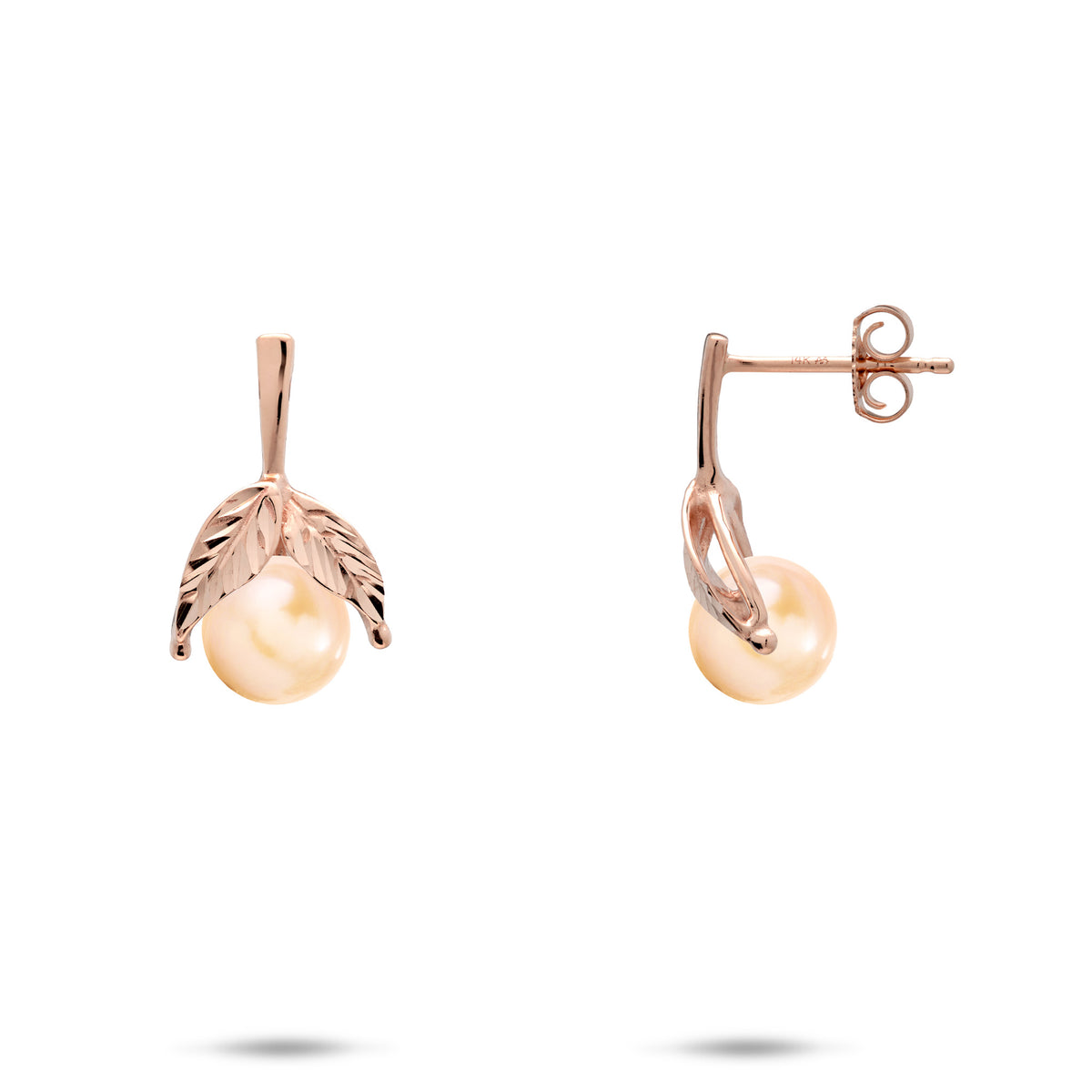 A pair of 14k rose gold diamond-cut maile leaf stud earrings with peach freshwater pearls, shown with a front and side profile on a white background