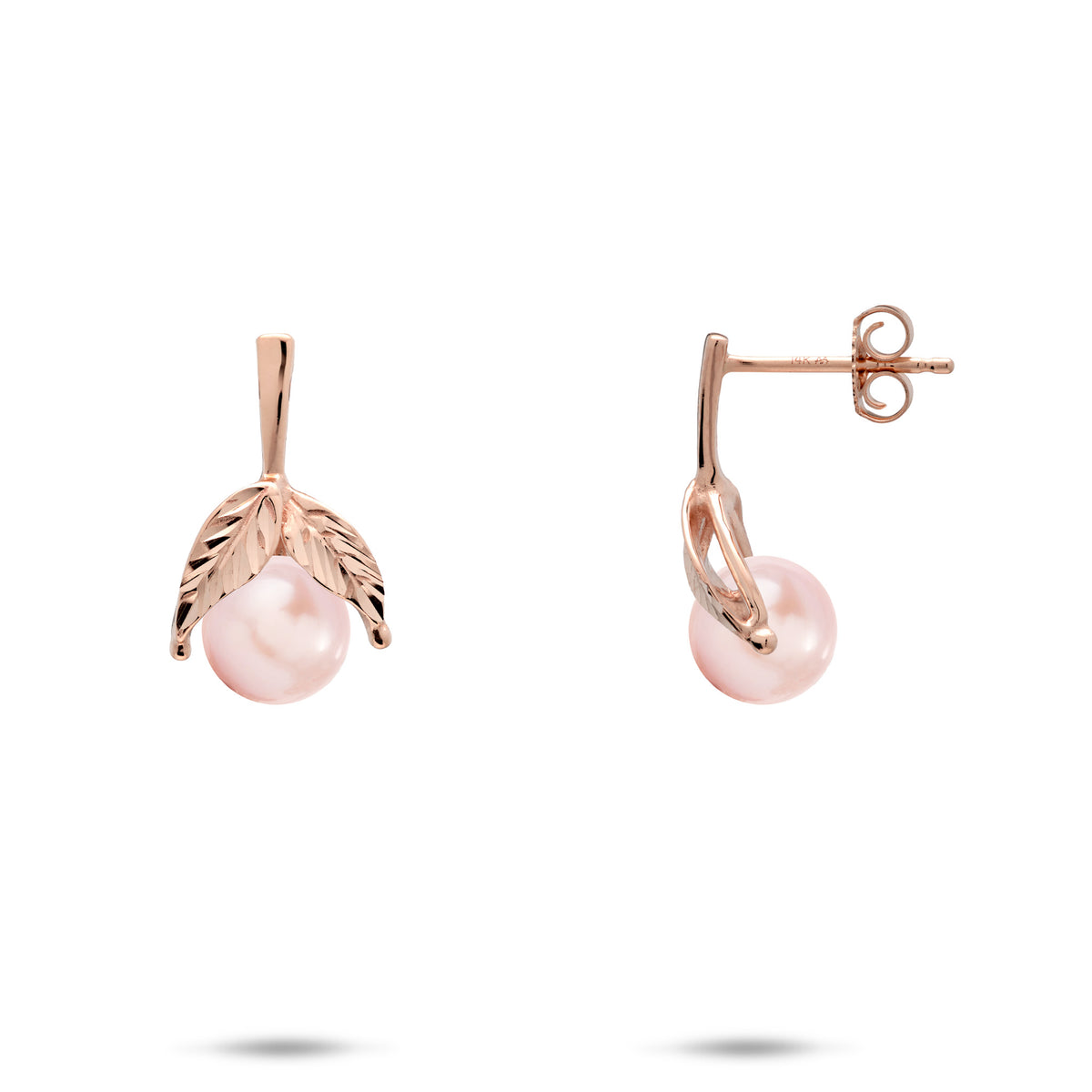 A pair of 14k rose gold diamond-cut maile leaf stud earrings with pink freshwater pearls, shown with a front and side profile on a white background