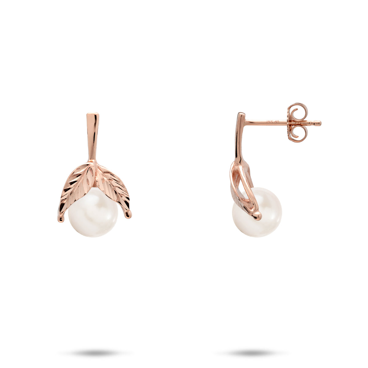 A pair of 14k rose gold diamond-cut maile leaf stud earrings with white freshwater pearls, shown with a front and side profile on a white background