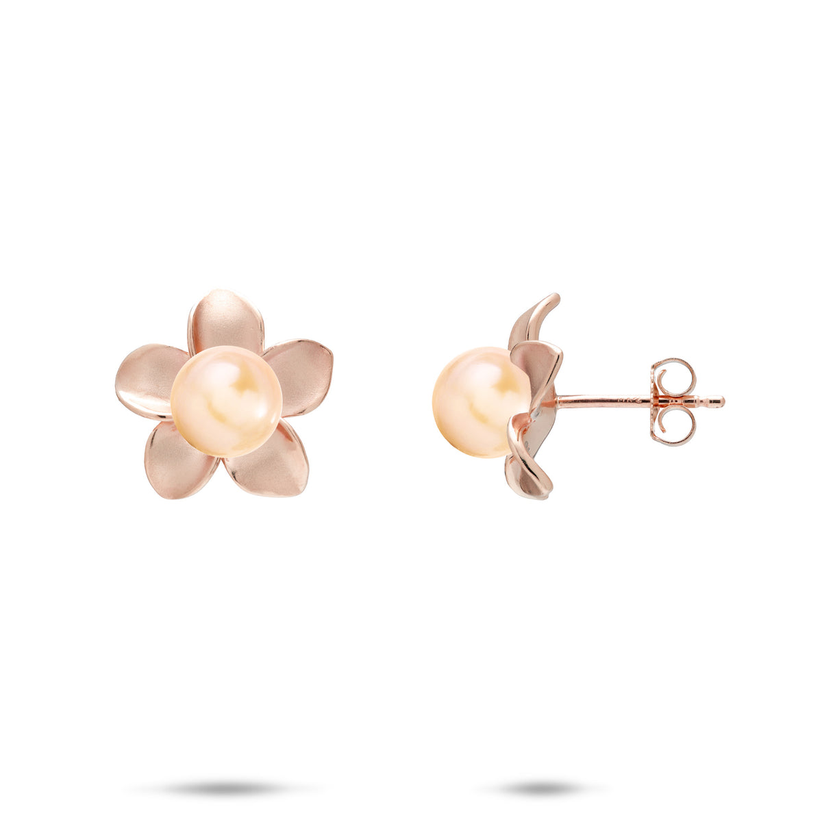 A pair of 14k rose gold plumeria flower stud earrings with a center peach freshwater pearl, shown with a front and side profile view against a white background