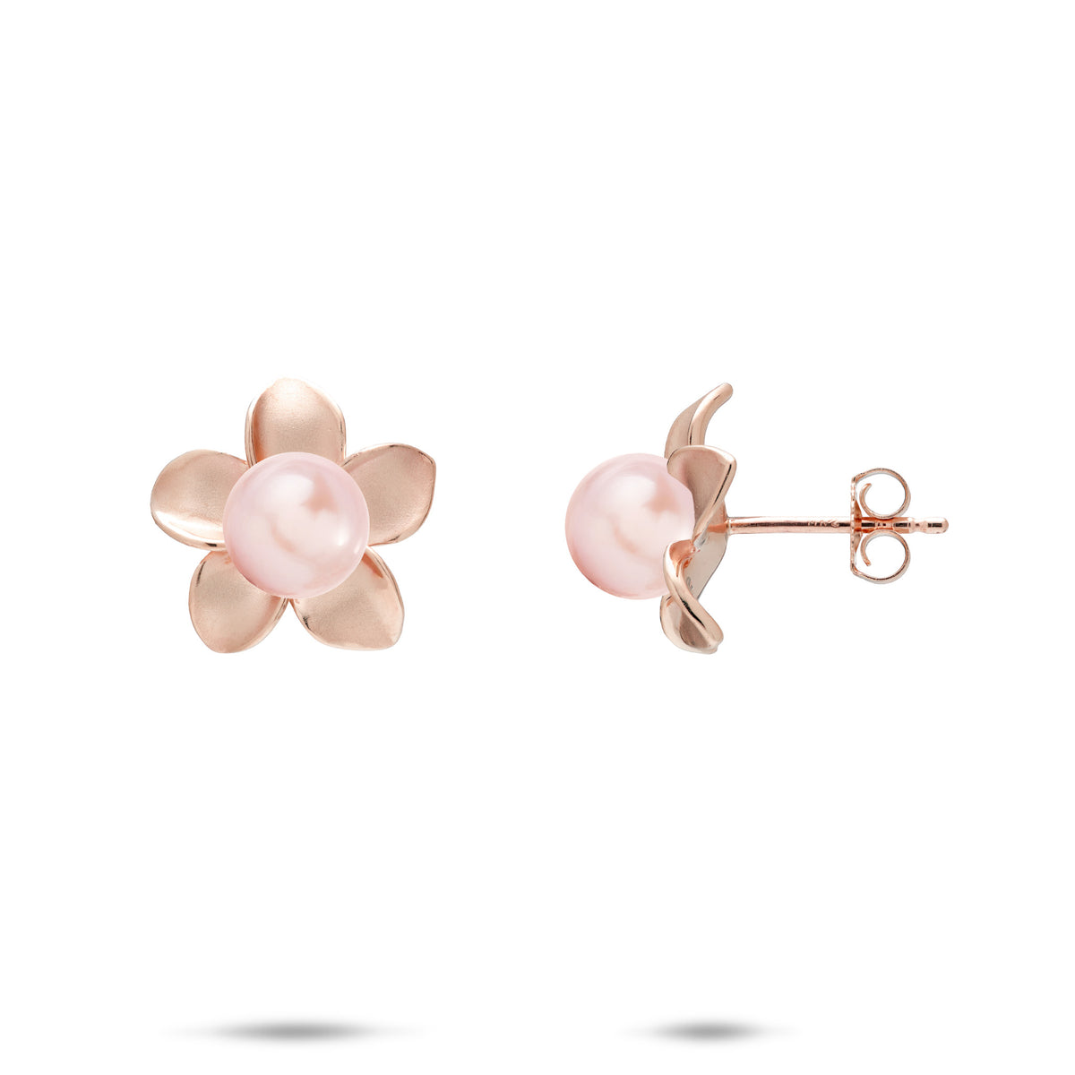 A pair of 14k rose gold plumeria flower stud earrings with a center pink freshwater pearl, shown with a front and side profile view against a white background