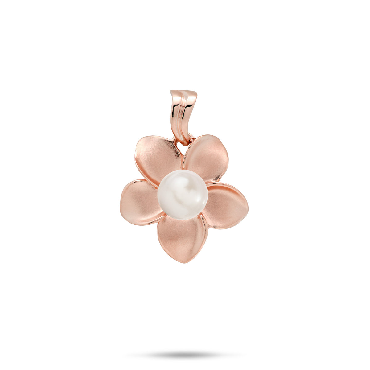 An 18mm 14k rose gold plumeria flower pendant with a white freshwater pearl at the center and a high-polish wavy bail, shown on a white background