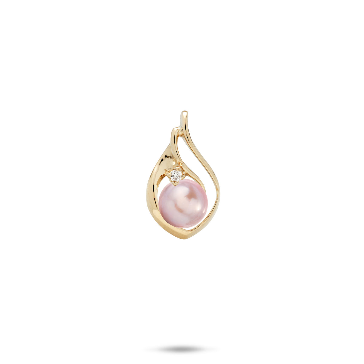 A 14k yellow gold teardrop shape pendant with a curved cut-out design on the right side, diamond accent, and lavender freshwater pearl, shown on a white background with a soft shadow