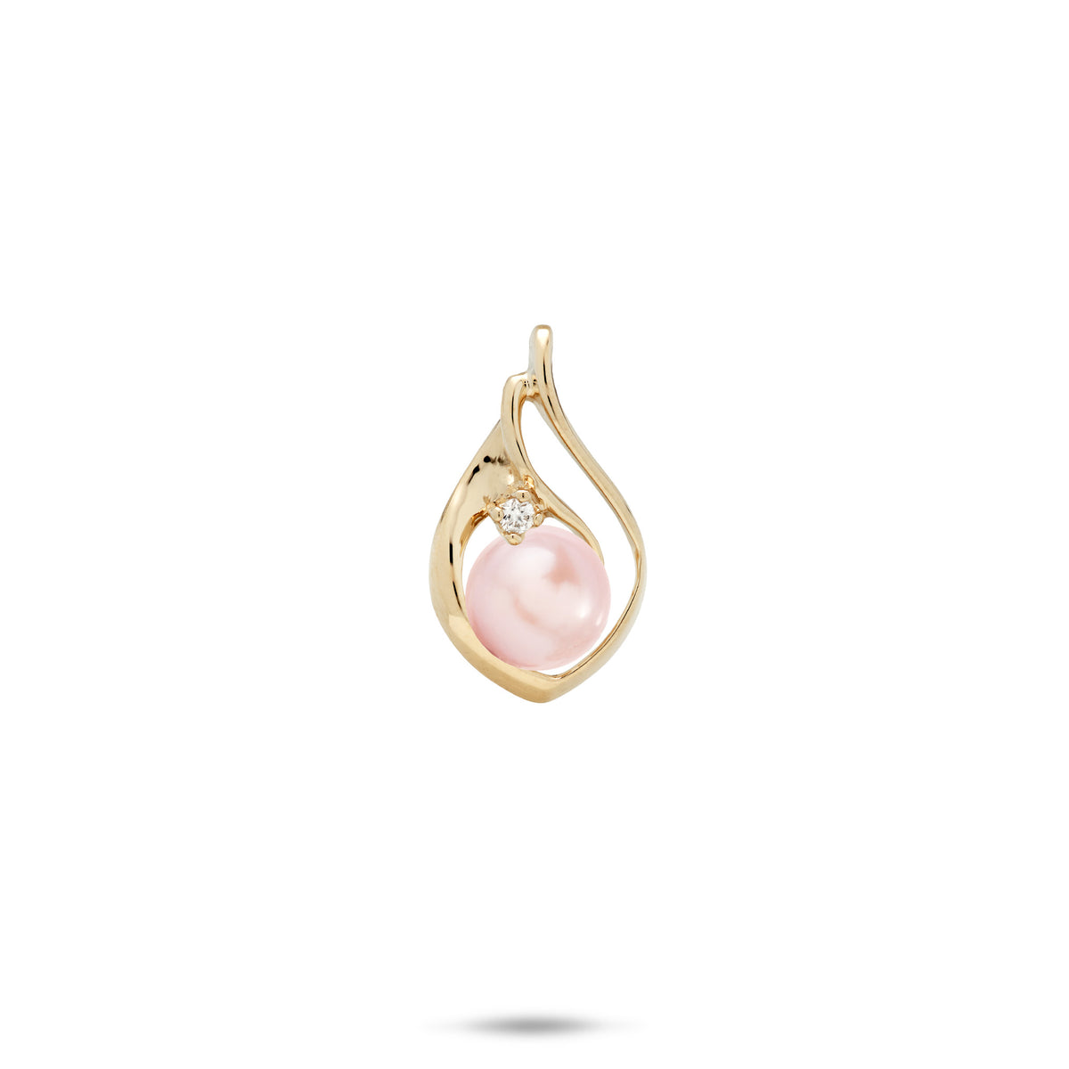 A 14k yellow gold teardrop shape pendant with a curved cut-out design on the right side, diamond accent, and pink freshwater pearl, shown on a white background with a soft shadow