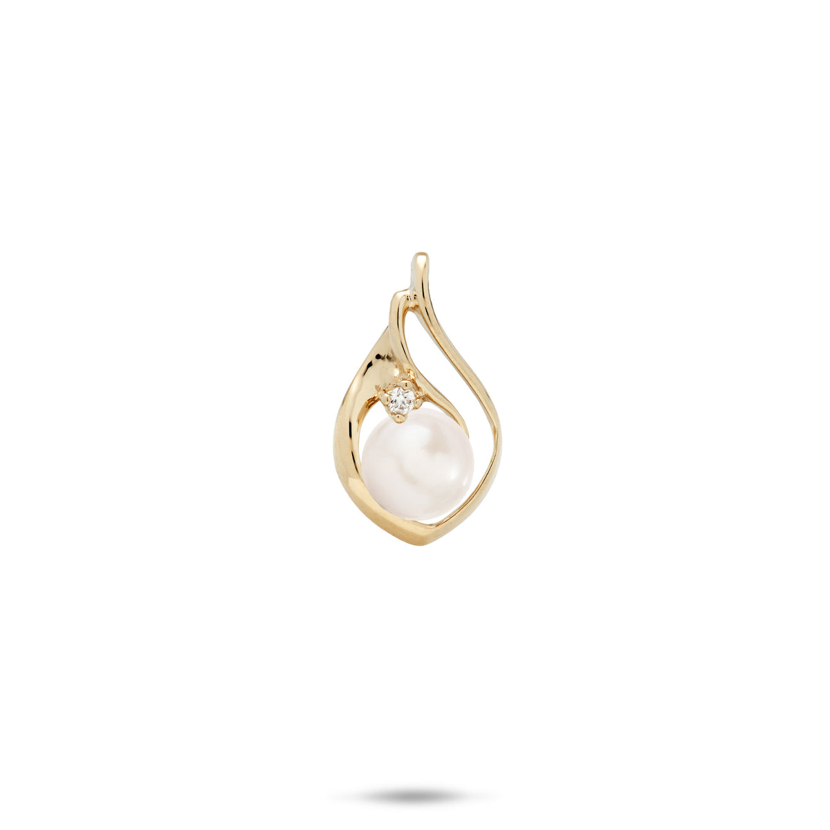 A 14k yellow gold teardrop shape pendant with a curved cut-out design on the right side, diamond accent, and white freshwater pearl, shown on a white background with a soft shadow