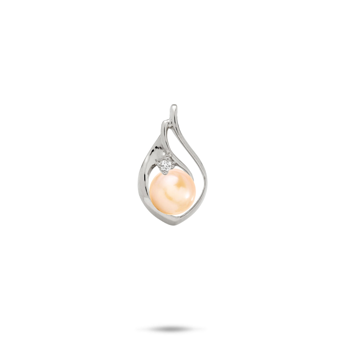 A 14k white gold teardrop shape pendant with a curved cut-out design on the right side, diamond accent, and peach freshwater pearl, shown on a white background with a soft shadow