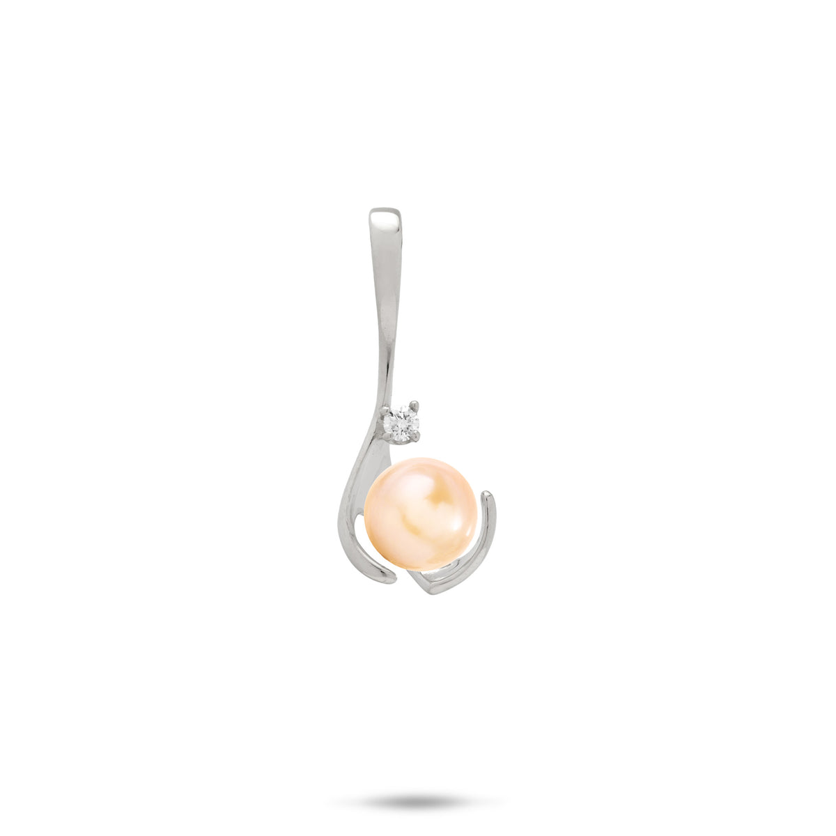 A 14k white gold drop pendant with a diamond and peach freshwater pearl, shown on a white background