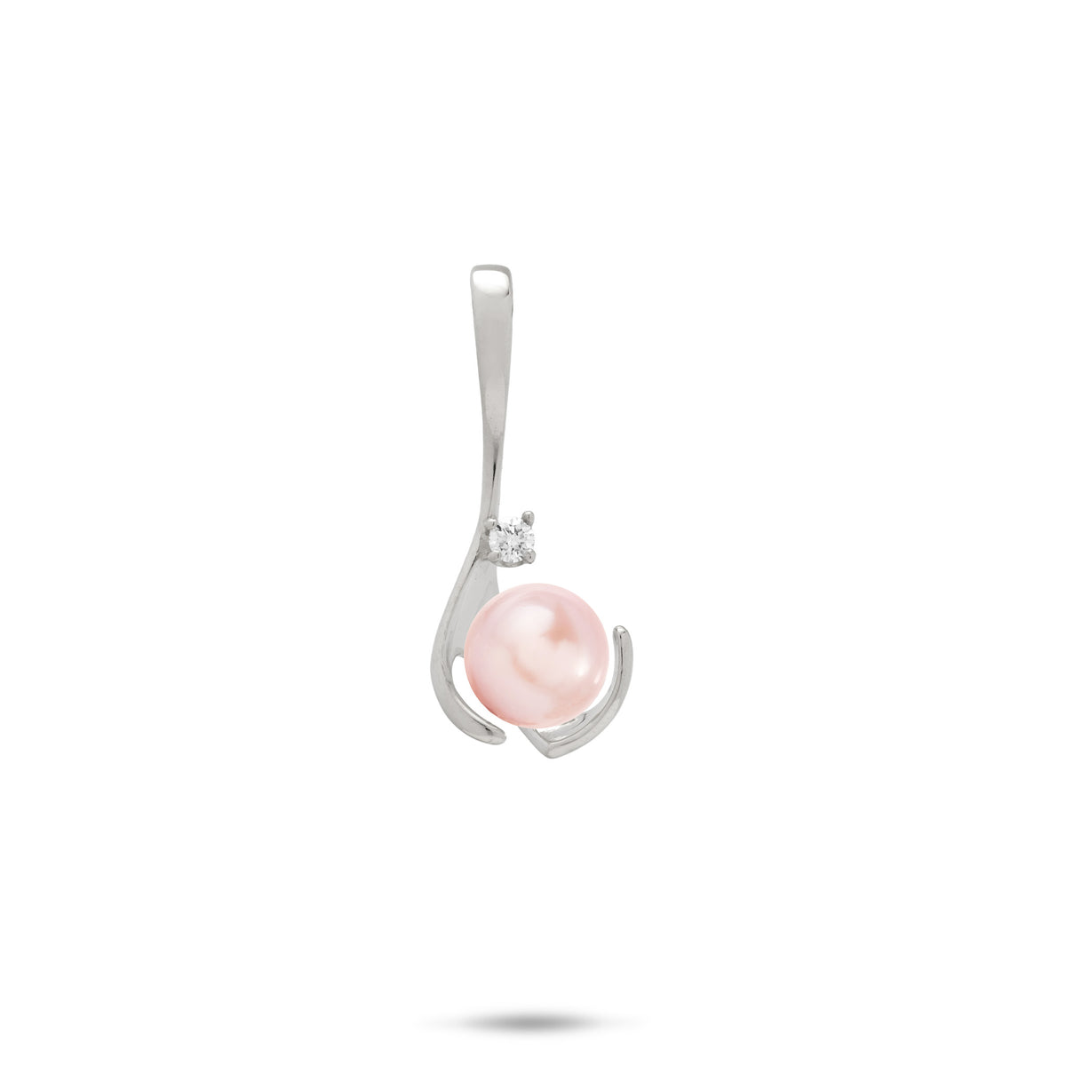 A 14k white gold drop pendant with a diamond and pink freshwater pearl, shown on a white background
