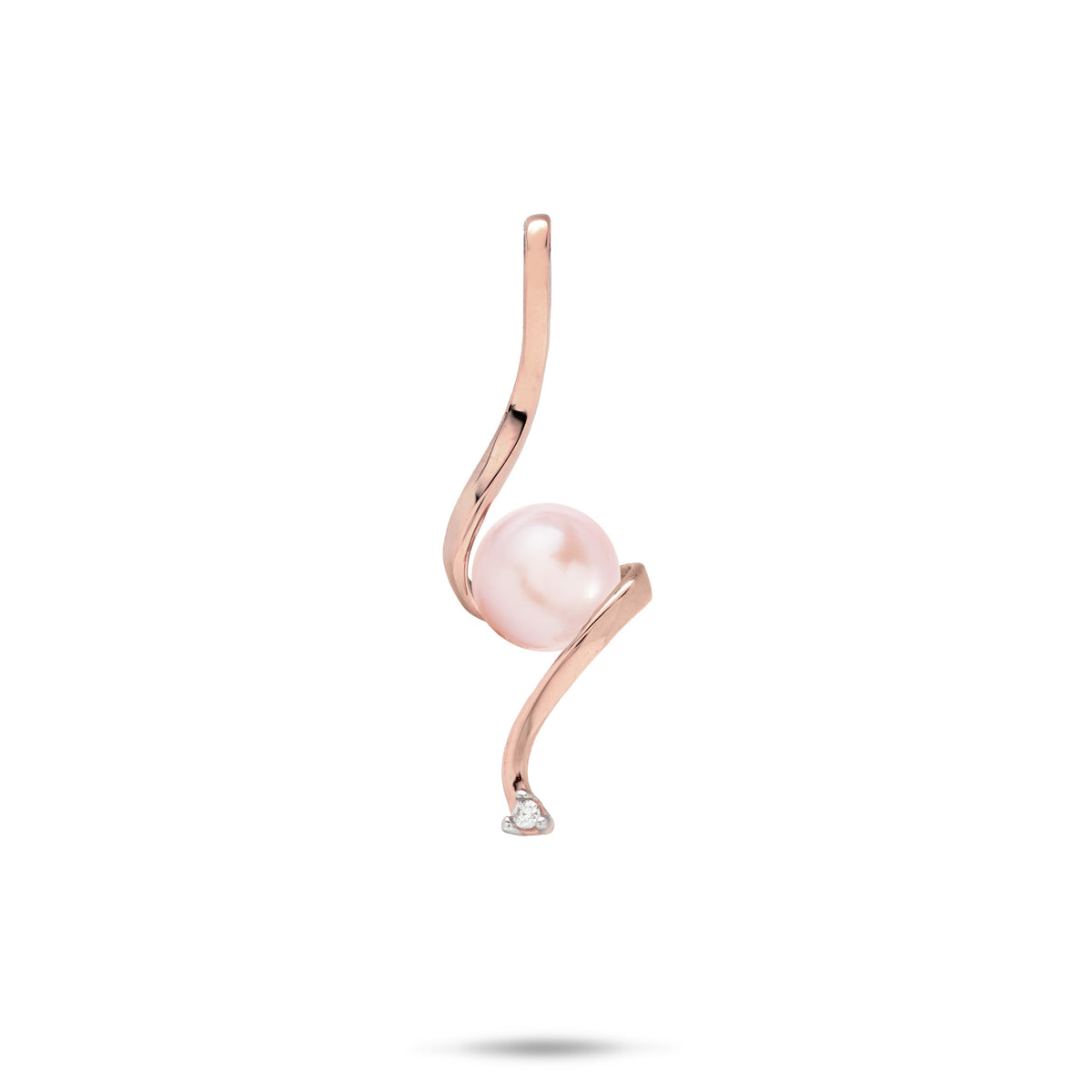 Swirling Waterfall Pendant in high-polish 14k Rose Gold with a Lavender Freshwater Pearl in the Center and a Diamond at the Bottom against a white background