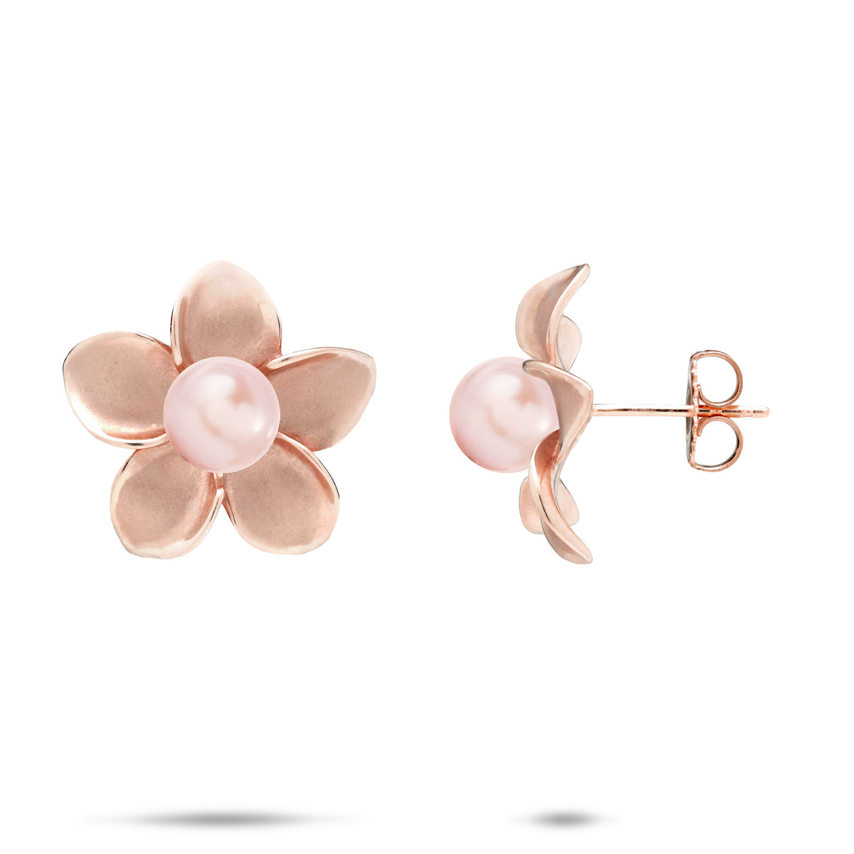 A pair of 18mm 14k rose gold plumeria flower stud earrings with a pink freshwater pearl, shown on a white background