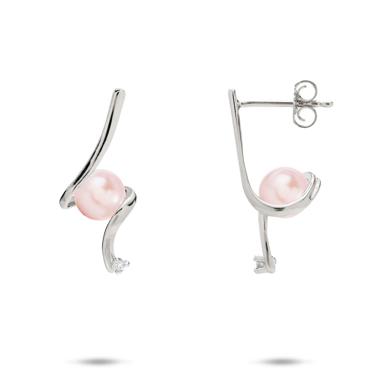 A pair of 14k white gold waterfall spiral style stud earrings wrapping a pink freshwater pearl and a diamond at the bottom, shown on a white background