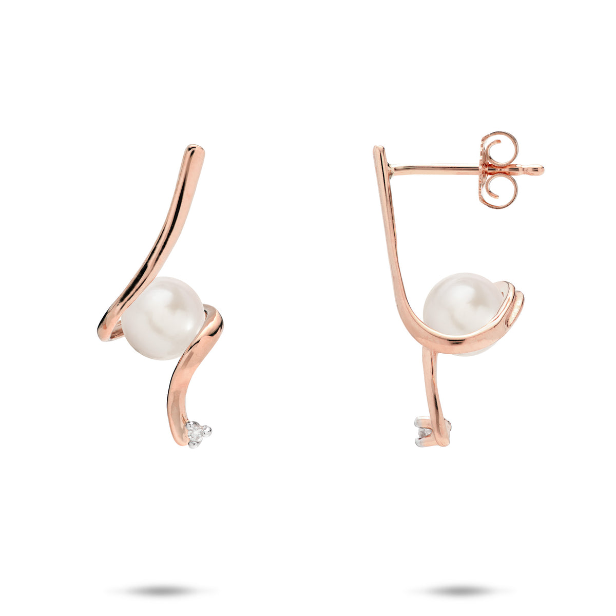 A pair of 14k rose gold waterfall spiral style stud earrings wrapping a white freshwater pearl and a diamond at the bottom, shown on a white background