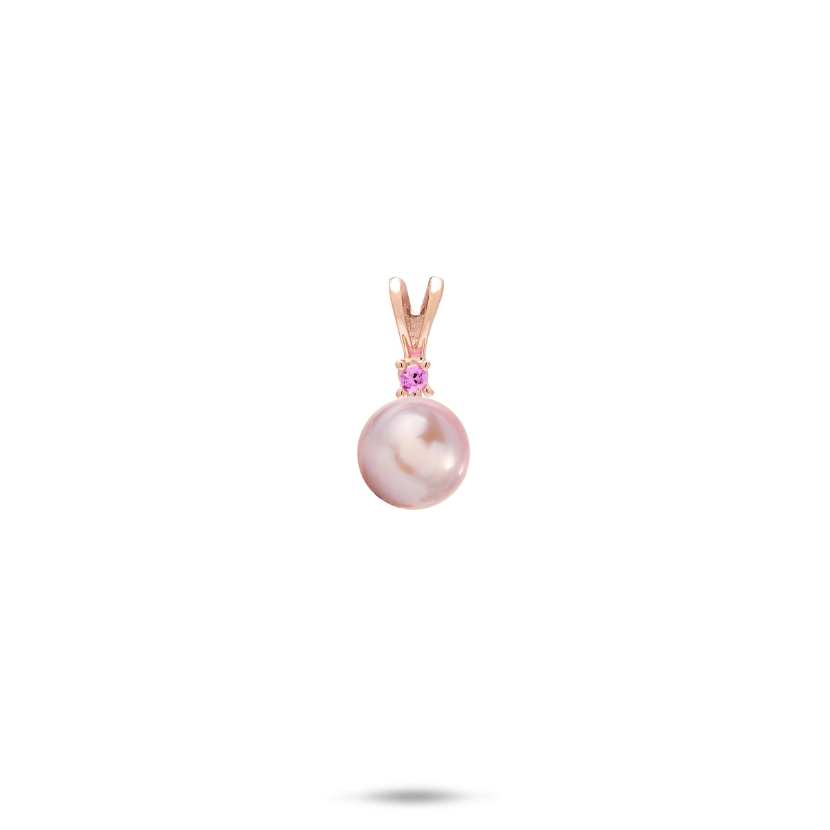 A simple 14k rose gold pendant with a V shape bail, a pink sapphire, and lavender freshwater pearl, shown on a white background