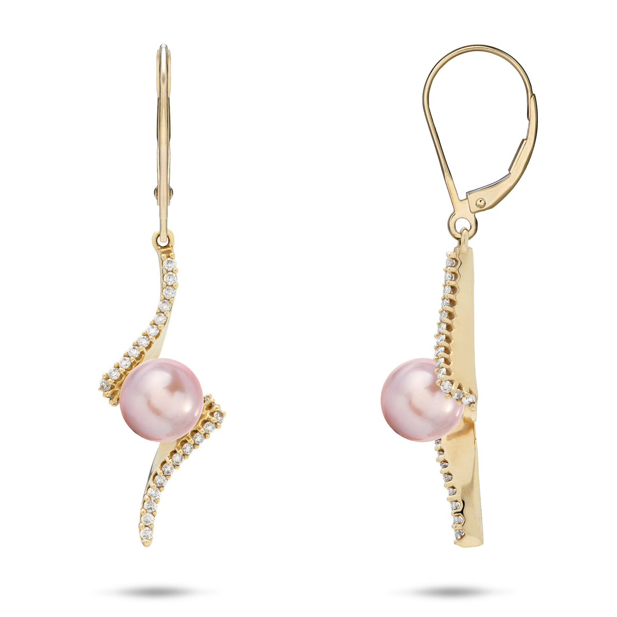 A pair of 14k yellow gold leverback earrings with a dangling lavender freshwater pearl and a left curving row of diamonds coming from the top and right curving diamonds on the bottom, shown with a front and side facing view against a white background