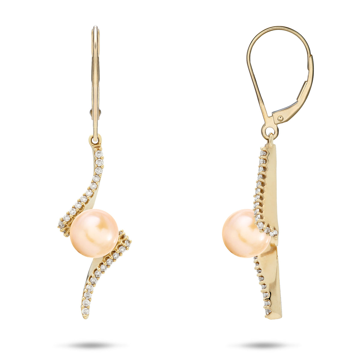 A pair of 14k yellow gold leverback earrings with a dangling peach freshwater pearl and a left curving row of diamonds coming from the top and right curving diamonds on the bottom, shown with a front and side facing view against a white background