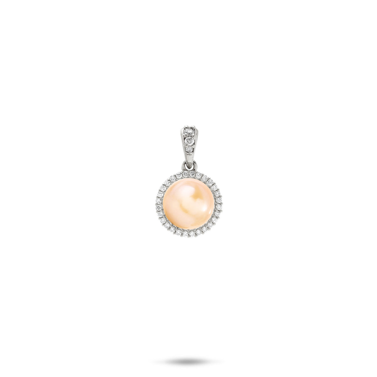 A 14k white gold diamond halo pendant with a peach freshwater pearl and a high-polish diamond bail, shown on a white background