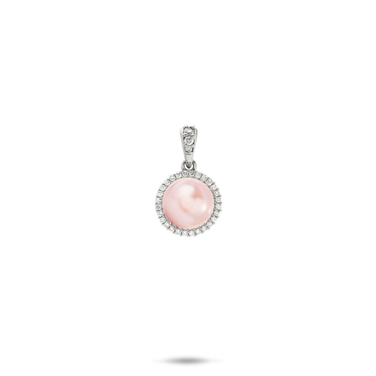 A 14k white gold diamond halo pendant with a pink freshwater pearl and a high-polish diamond bail, shown on a white background