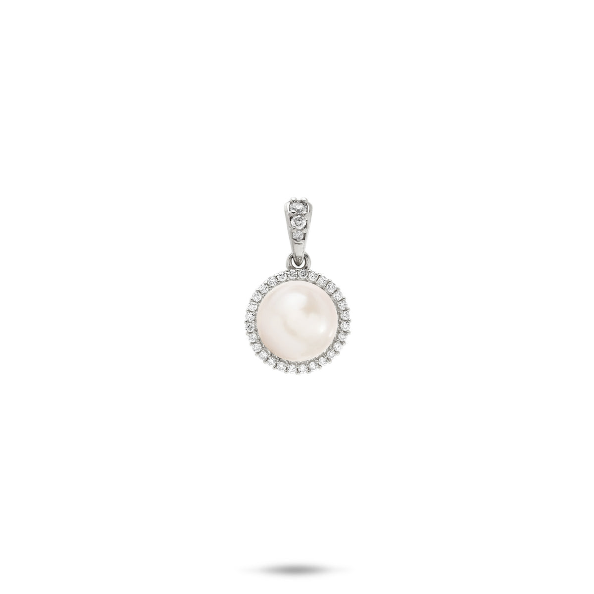A 14k white gold diamond halo pendant with a white freshwater pearl and a high-polish diamond bail, shown on a white background