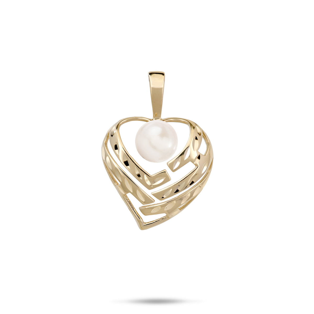 A 14k yellow gold diamond-cut heart pendant with cut-out letters and a white freshwater pearl that spell 'Aloha', shown on a white background