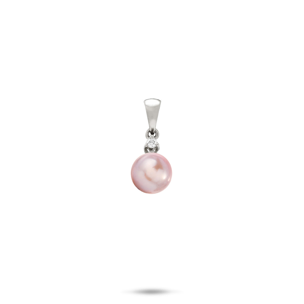 A simple 14k white gold lavender freshwater pearl pendant with a high-polish bail and diamond set above the pearl, shown on a white background