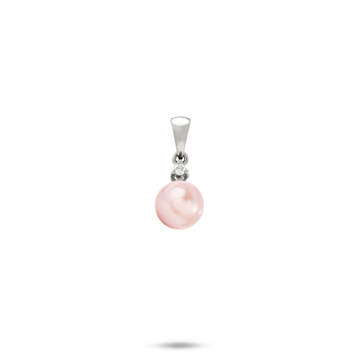 A simple 14k white gold pink freshwater pearl pendant with a high-polish bail and diamond set above the pearl, shown on a white background