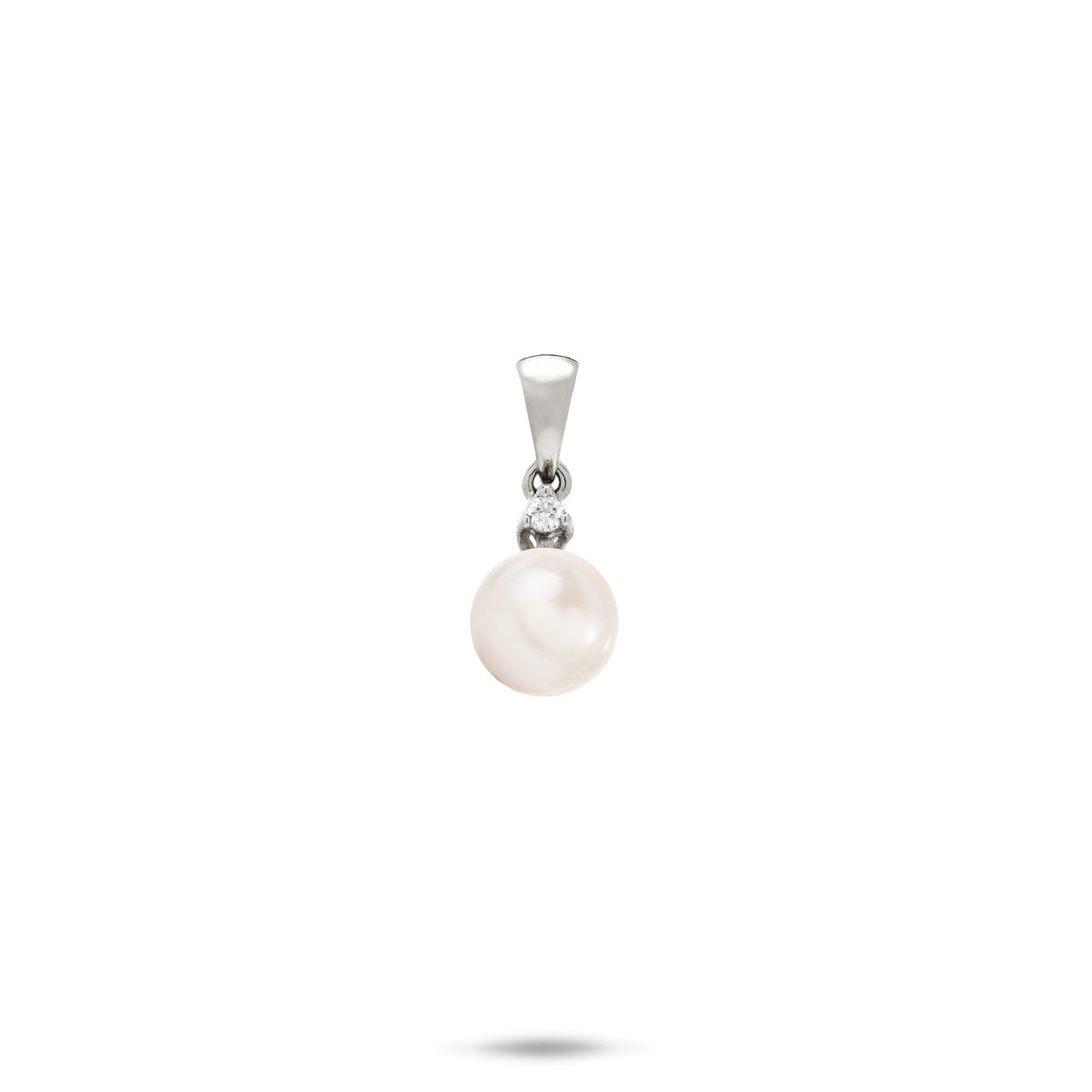 A simple 14k white gold white freshwater pearl pendant with a high-polish bail and diamond set above the pearl, shown on a white background