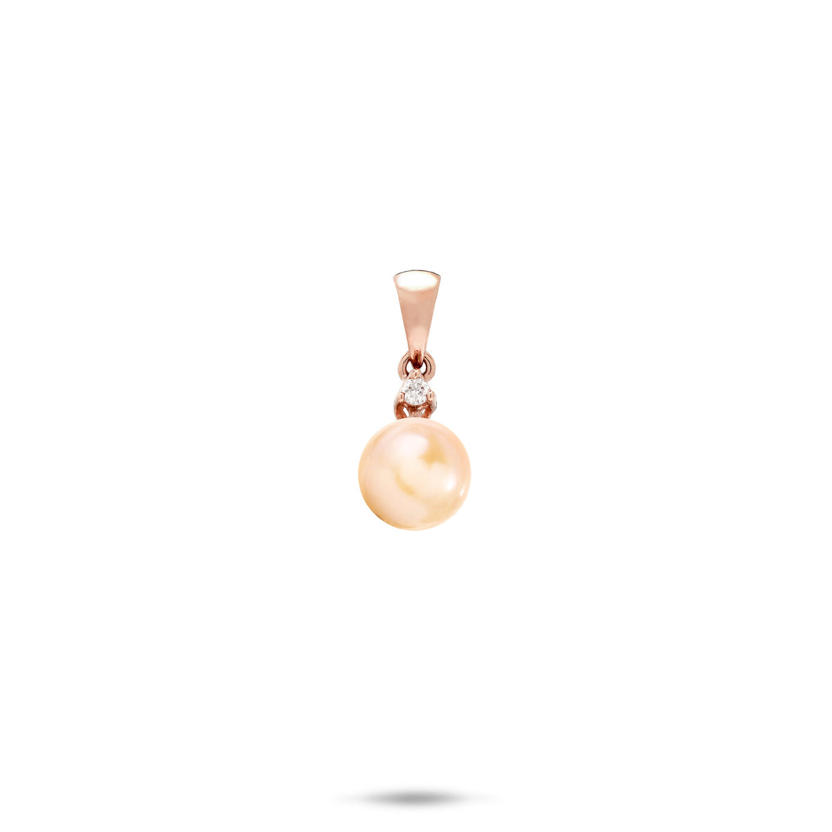 A simple 14k rose gold pendant  with a peach freshwater pearl and diamond above it and a high-polish bail, shown on a white background