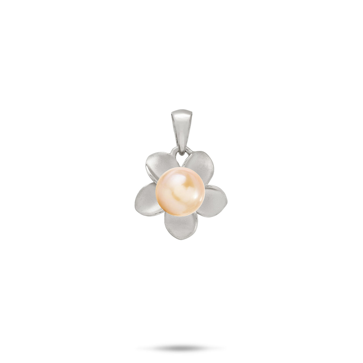A 13mm 14k white gold plumeria flower pendant with a peach freshwater pearl at the center, shown on a white background