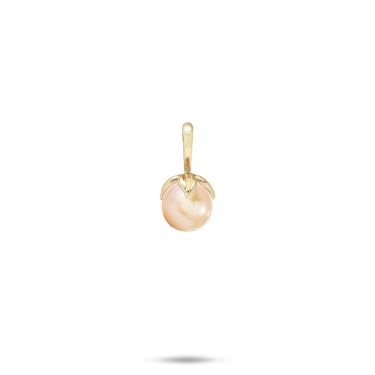14k Yellow Gold Pendant with a high-polish bail and maile leaves wrapping a peach freshwater pearl on a white background
