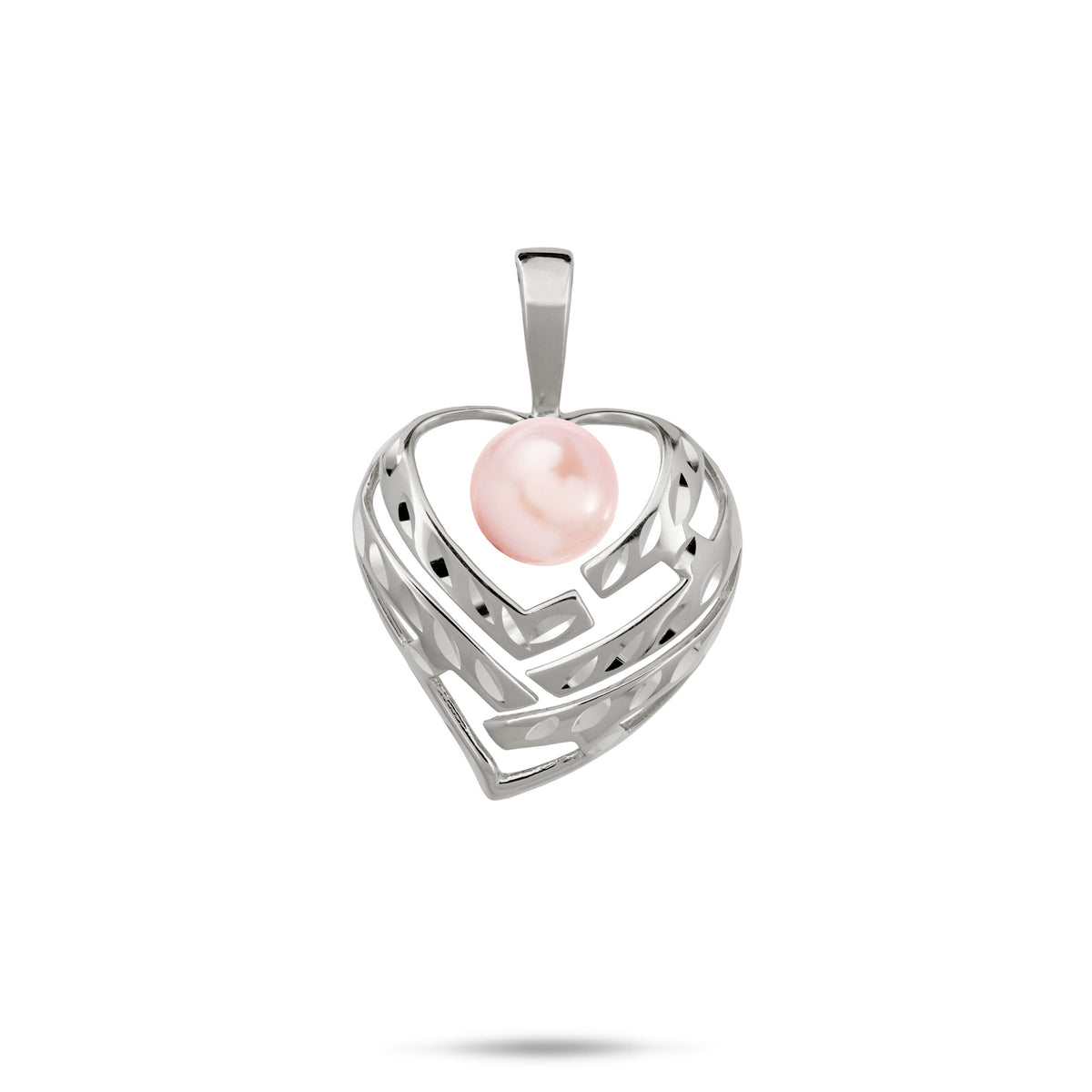 A 14k white gold diamond-cut heart pendant with cut-out letters and a pink freshwater pearl that spell 'Aloha', shown on a white background